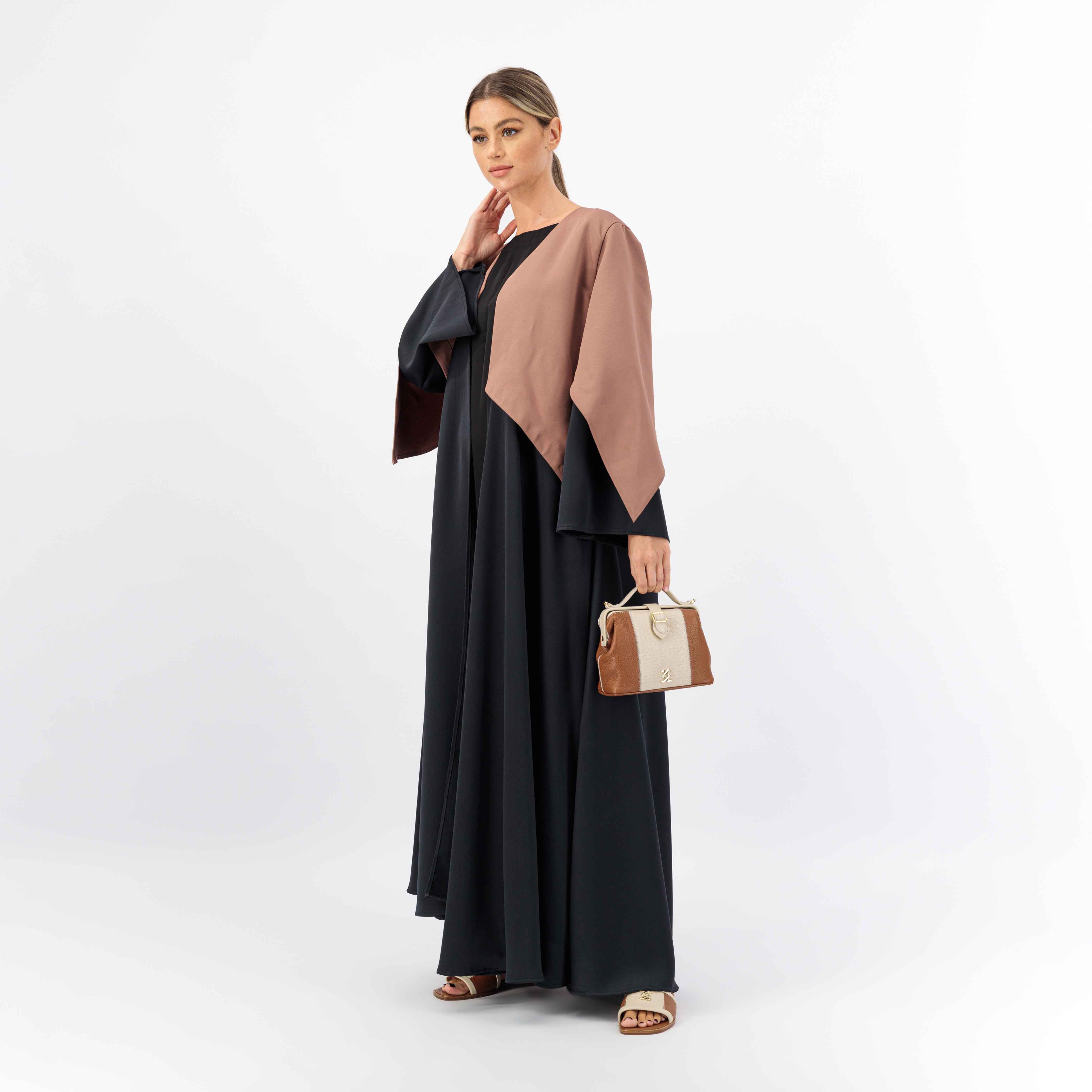 BLACK CREPE FABRIC ABAYA WITH TOP BATCH BROWN WOVEN FABRIC