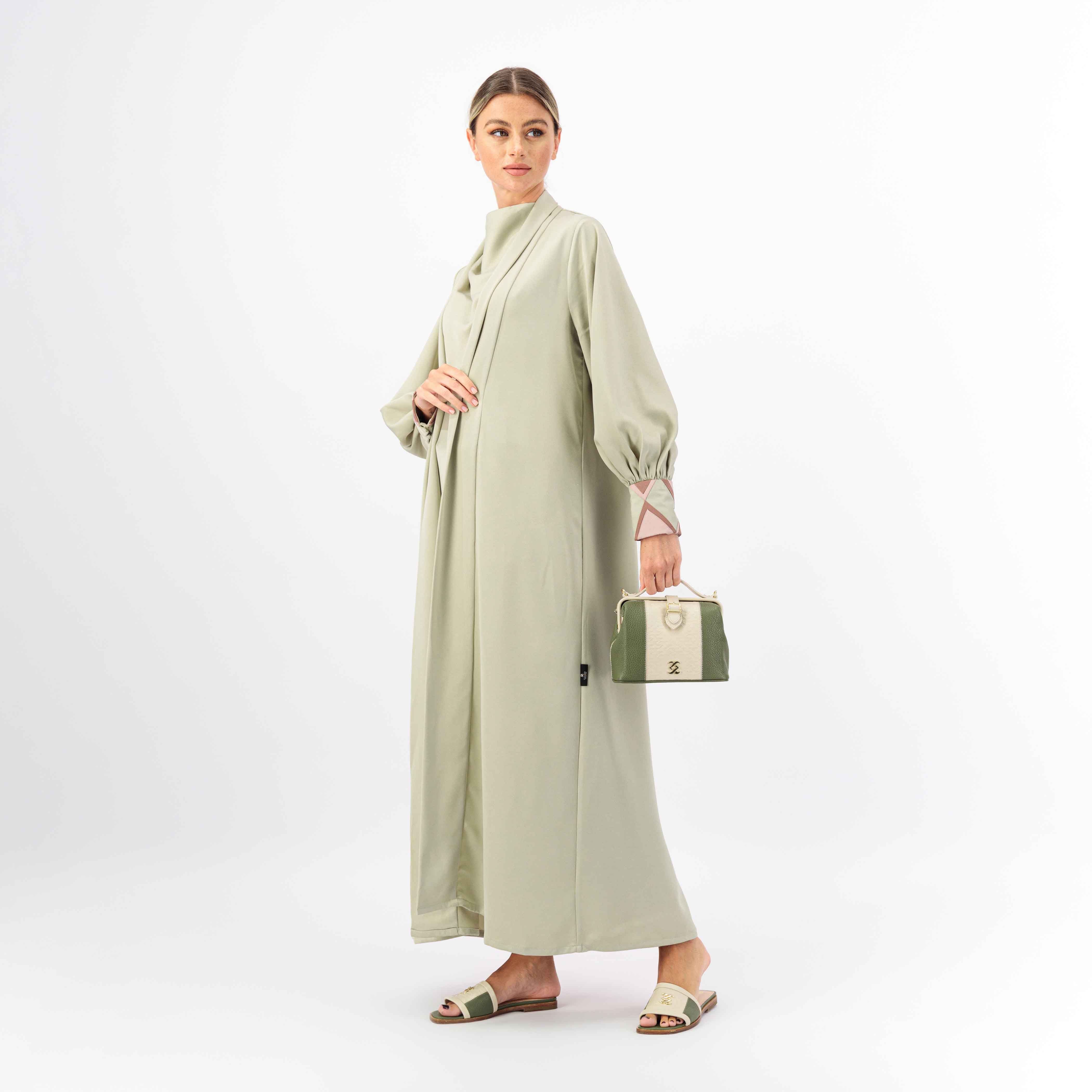 GREEN CREPE FABRIC ABAYA WITH BATCH WORK IN HAND