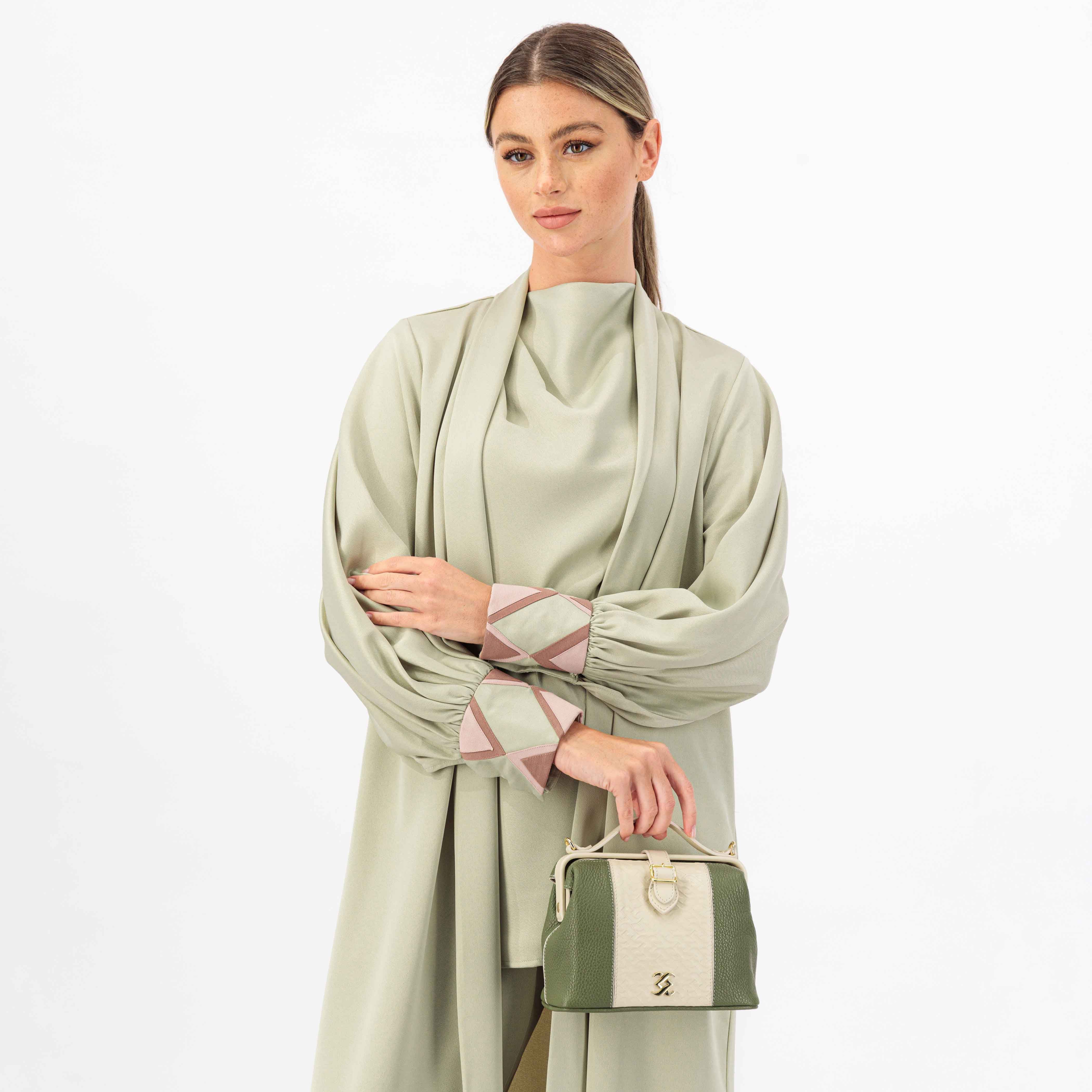 GREEN CREPE FABRIC ABAYA WITH BATCH WORK IN HAND