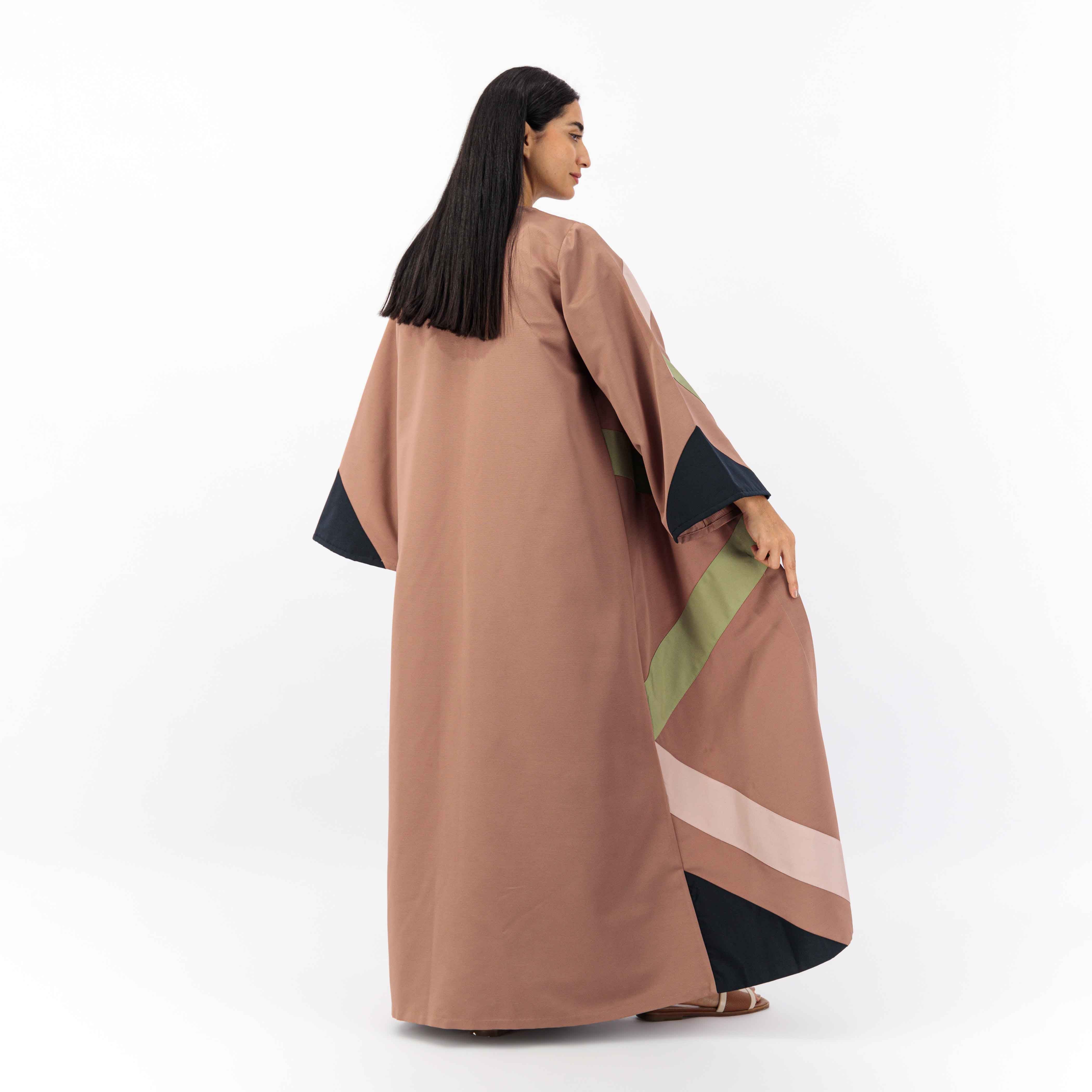 BROWN WOVEN FABRIC ABAYA WITH PATCH IN FRONT