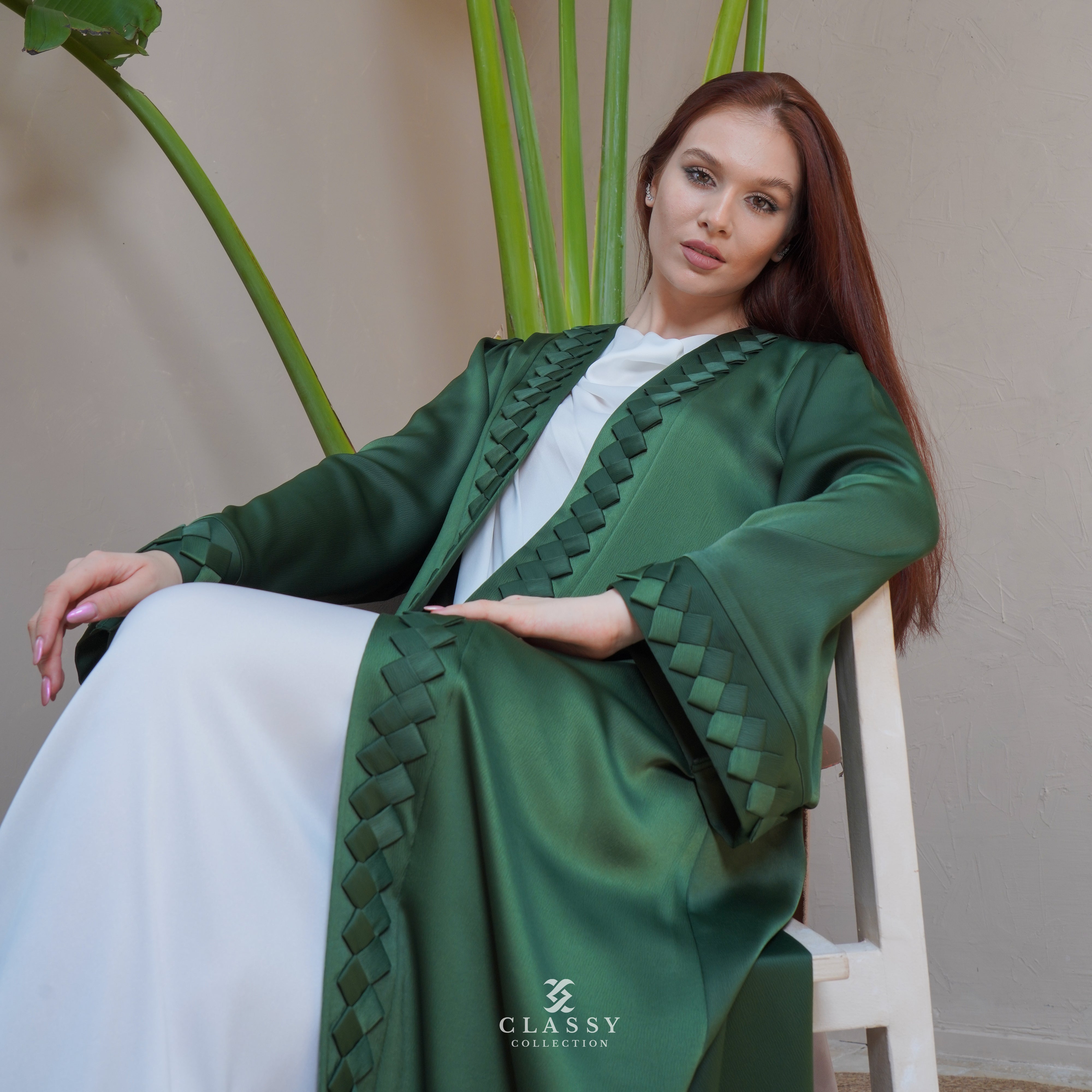 GREEN SILKY CREPE FABRIC ABAYA