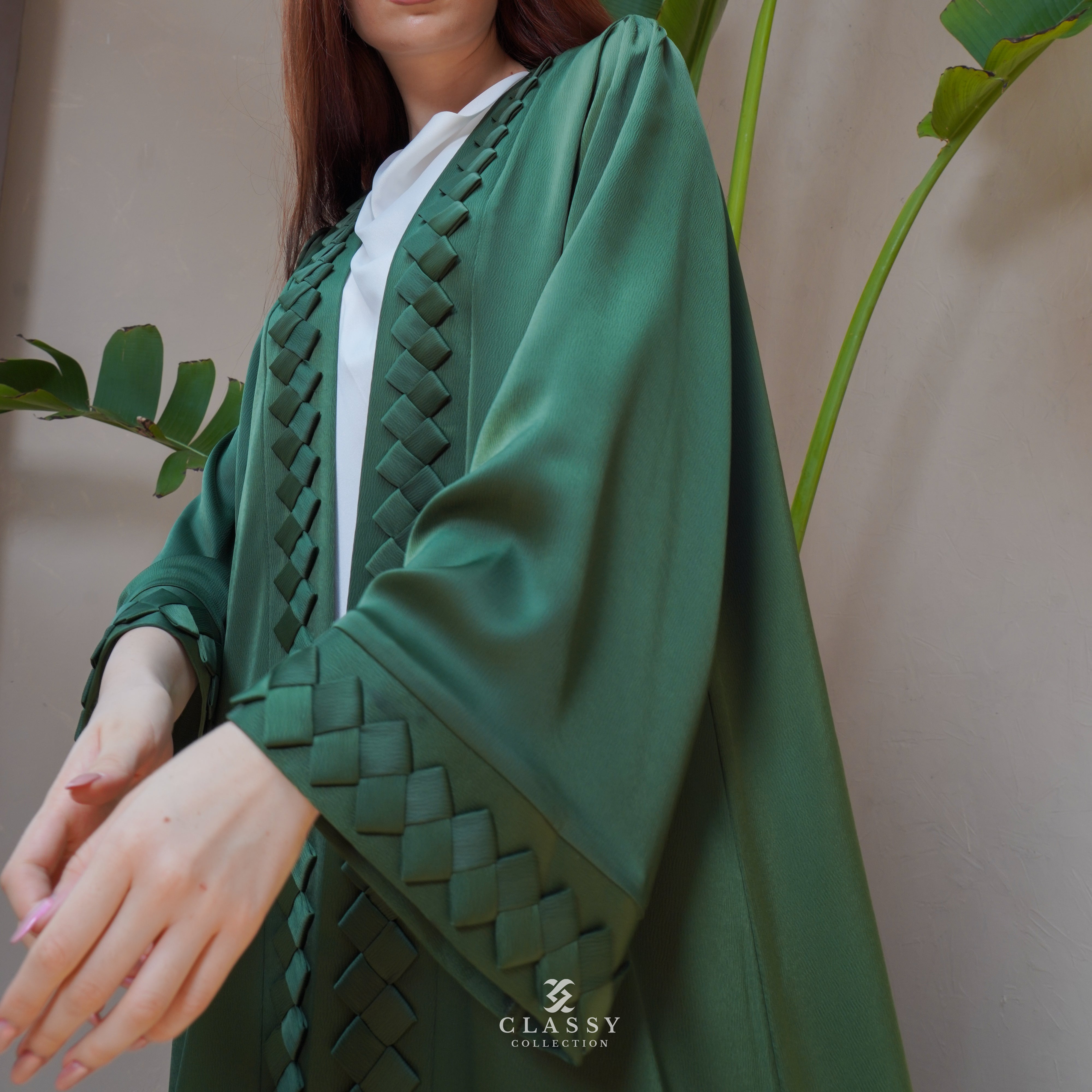 GREEN SILKY CREPE FABRIC ABAYA