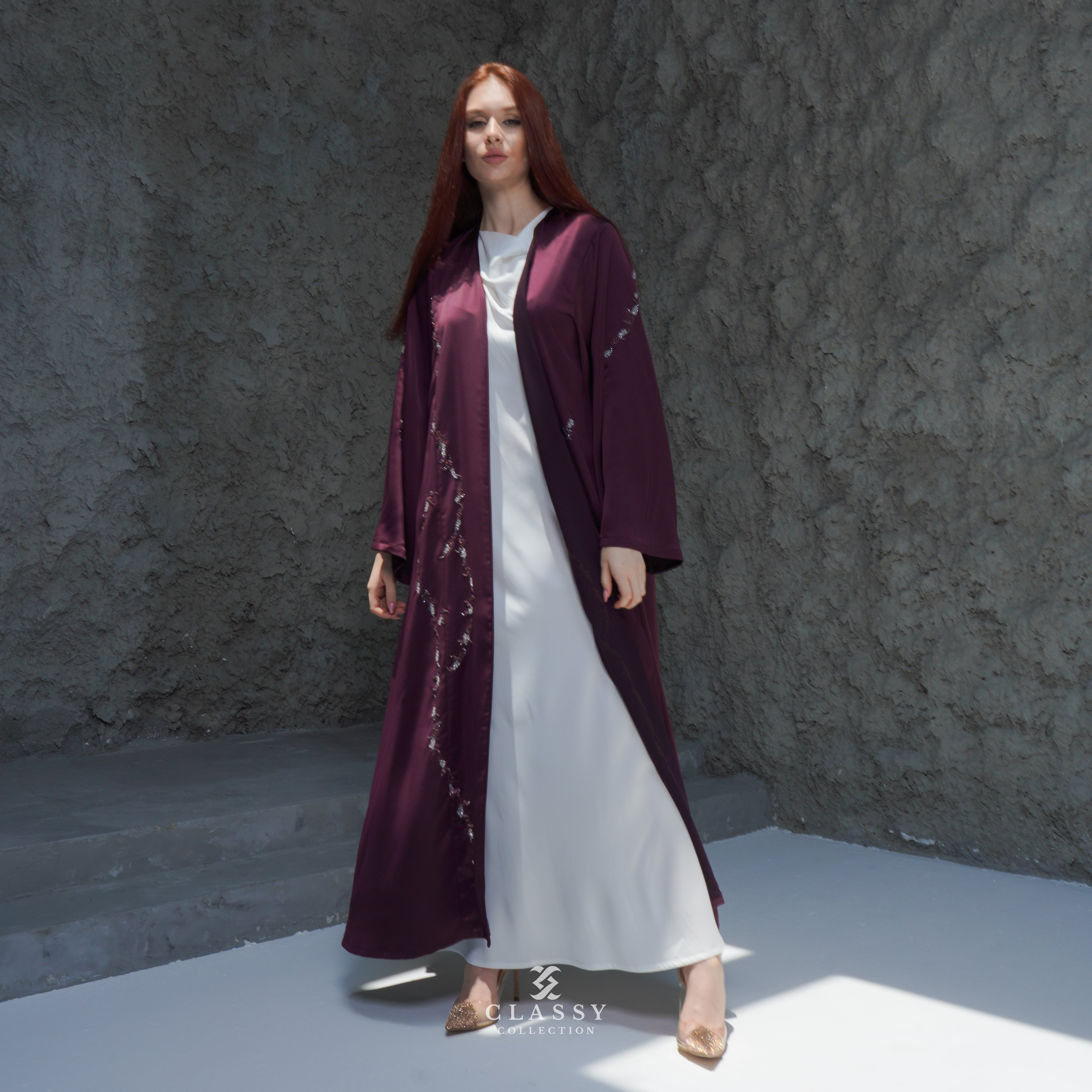 MAROON SILKY CREPE FABRIC ABAYA WITH EMBROIDERY