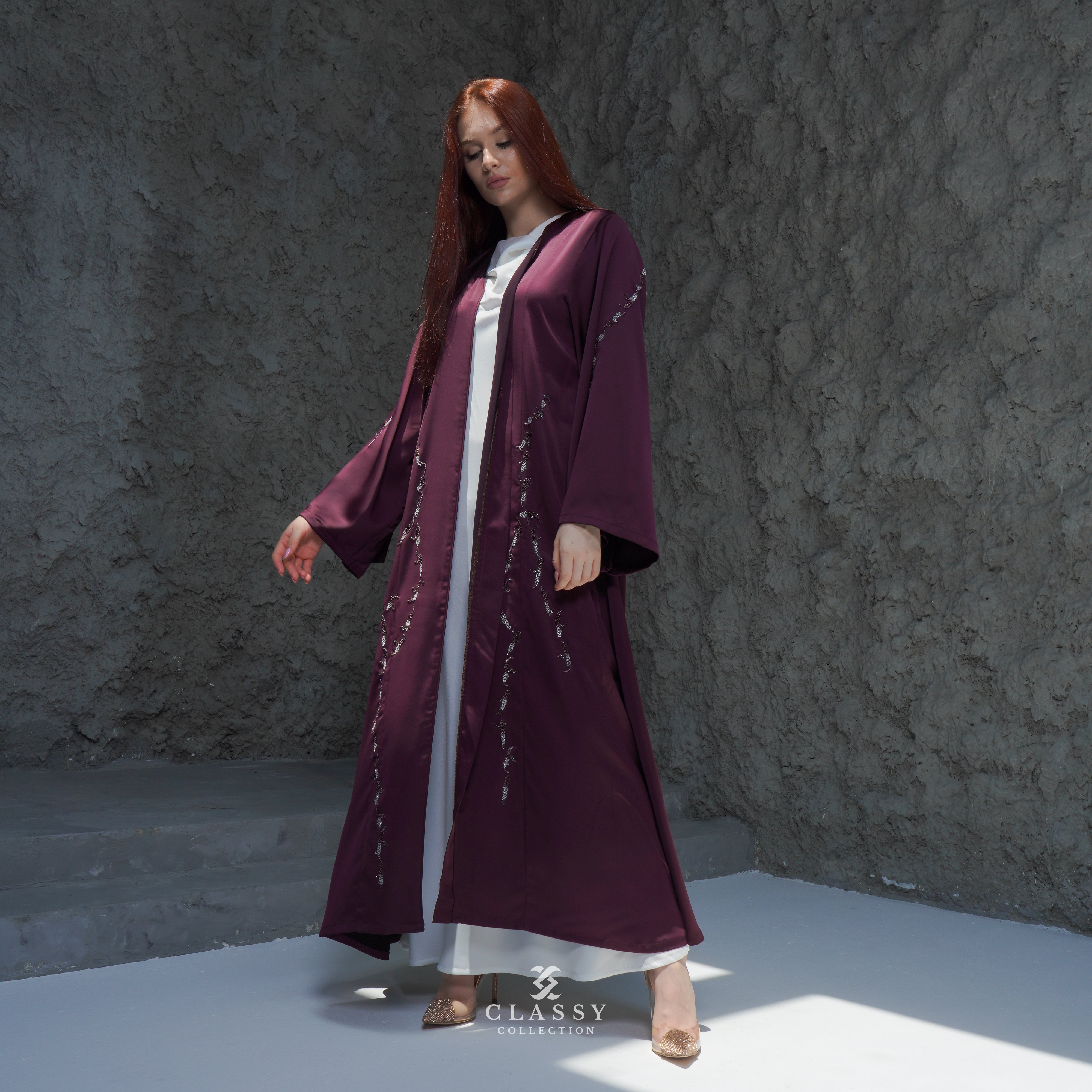 MAROON SILKY CREPE FABRIC ABAYA WITH EMBROIDERY