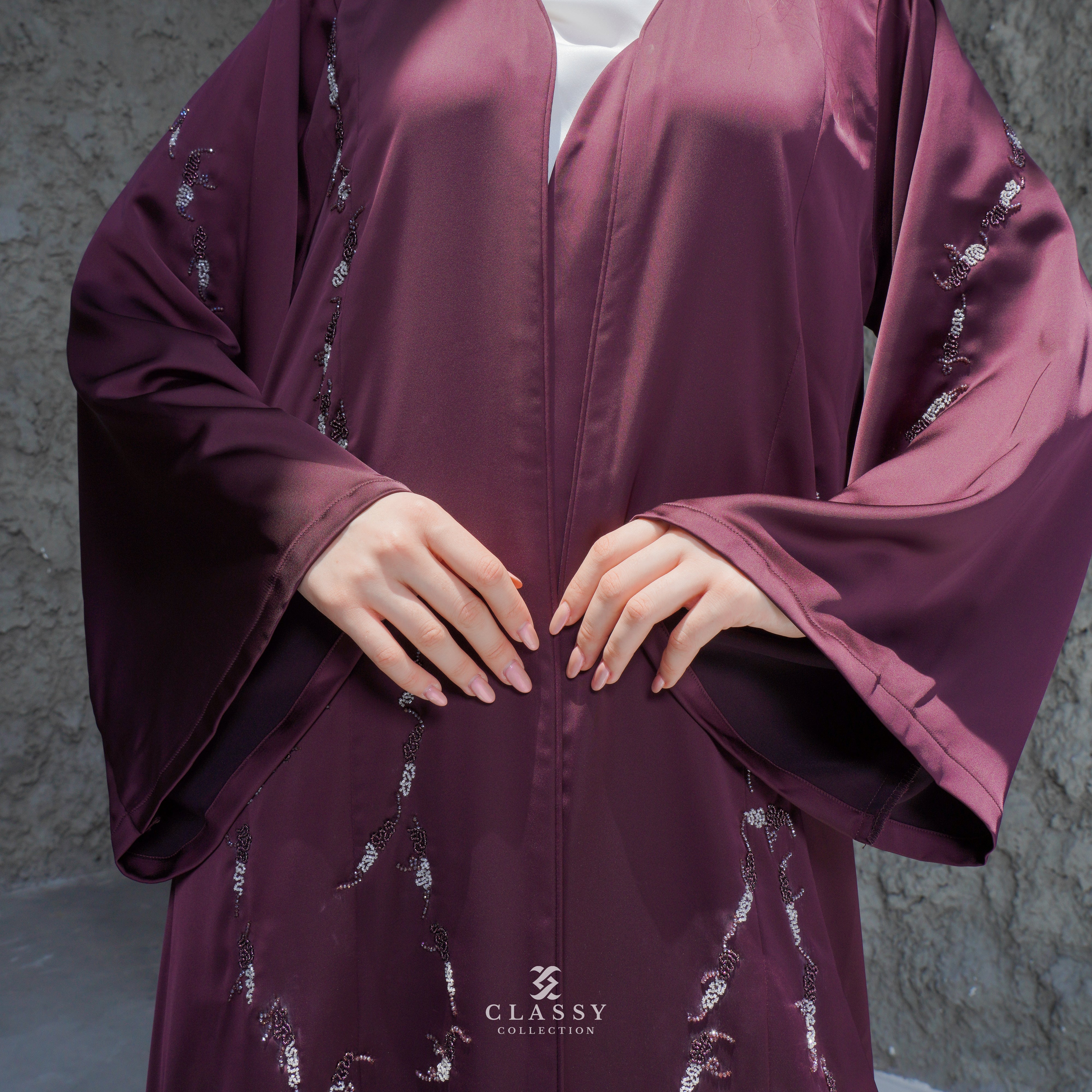 MAROON SILKY CREPE FABRIC ABAYA WITH EMBROIDERY