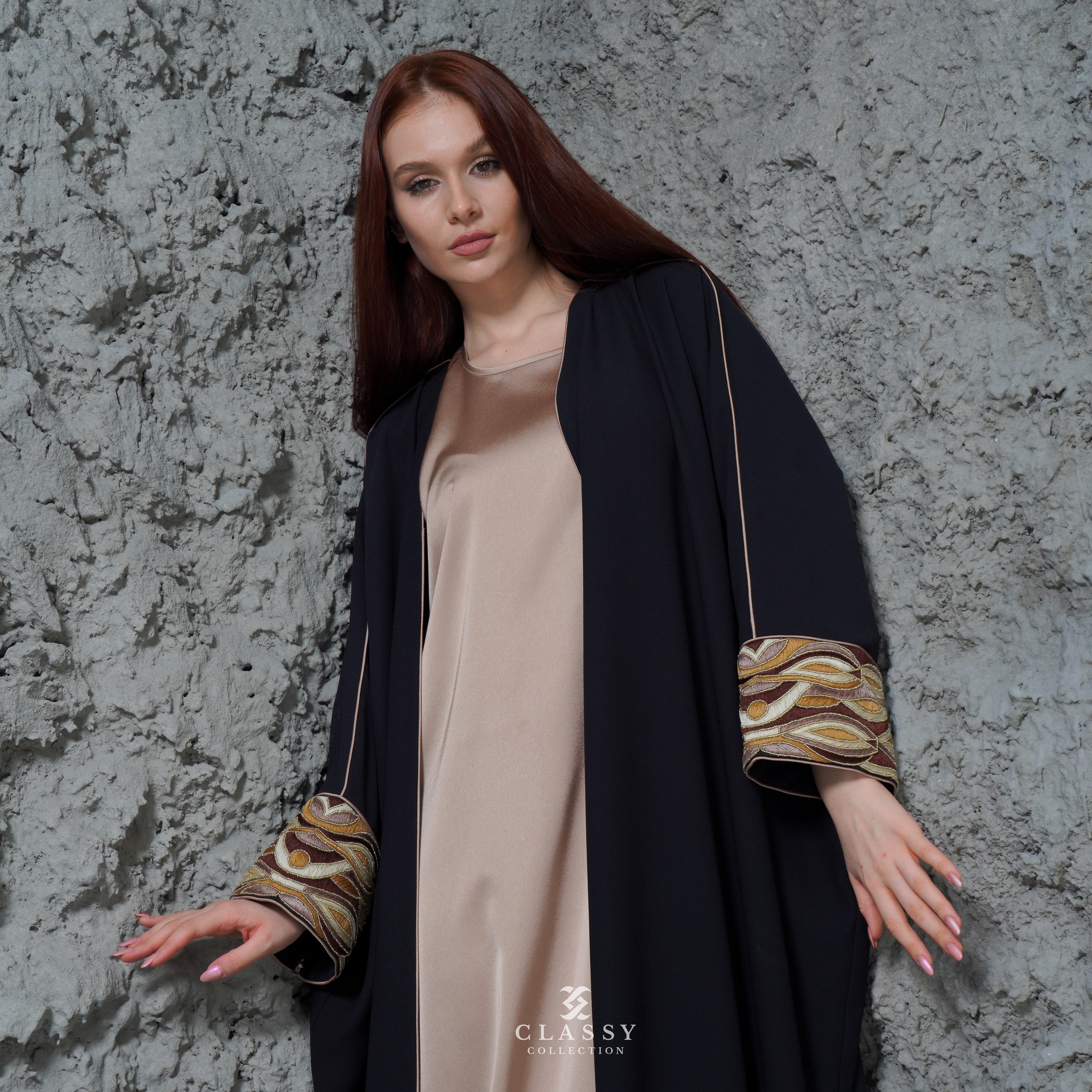 BLACK CREPE  FABRIC ABAYA WITH SPECIAL BROWN EMBROIDERY