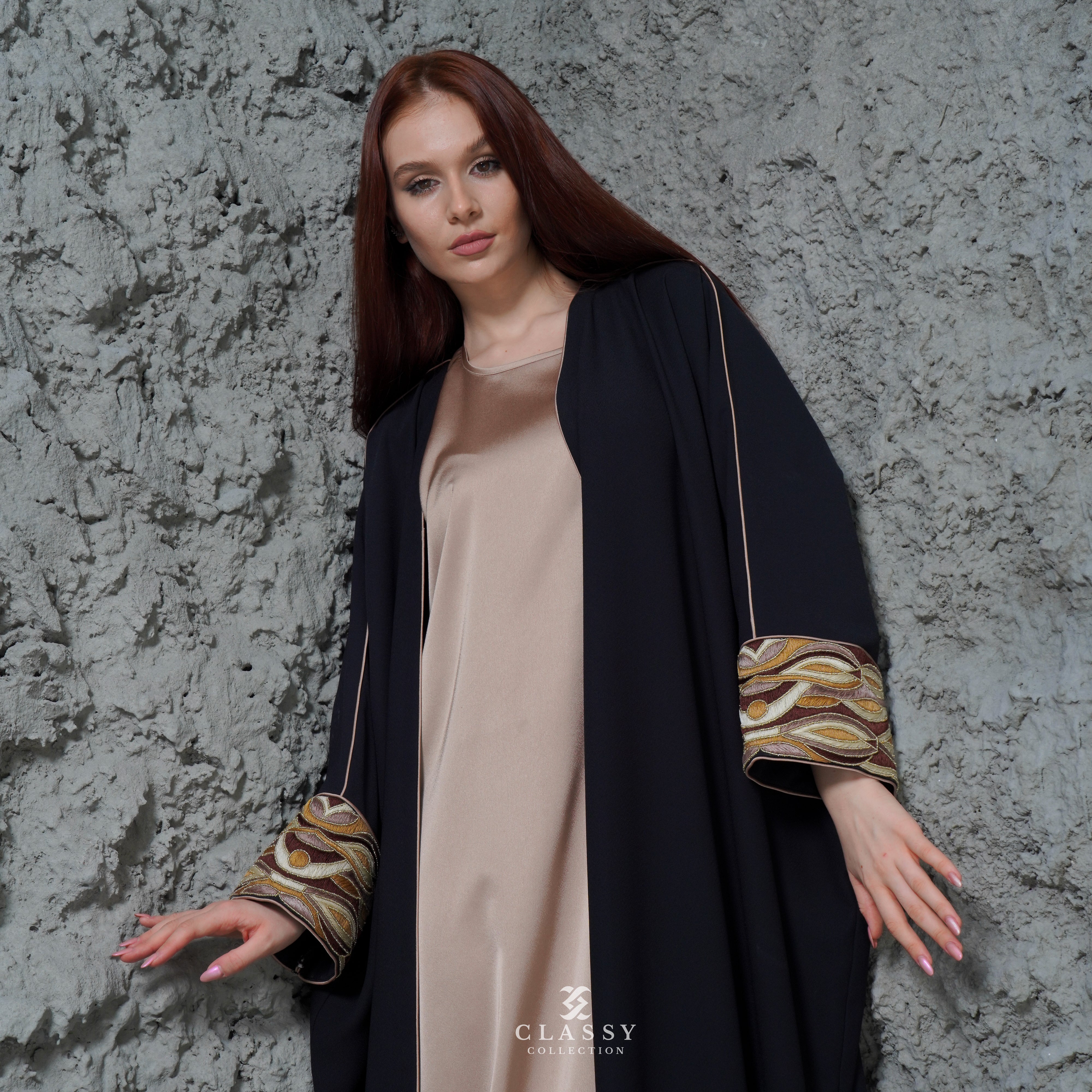BLACK CREPE FABRIC ABAYA WITH SPECIAL BROWN EMBROIDERY
