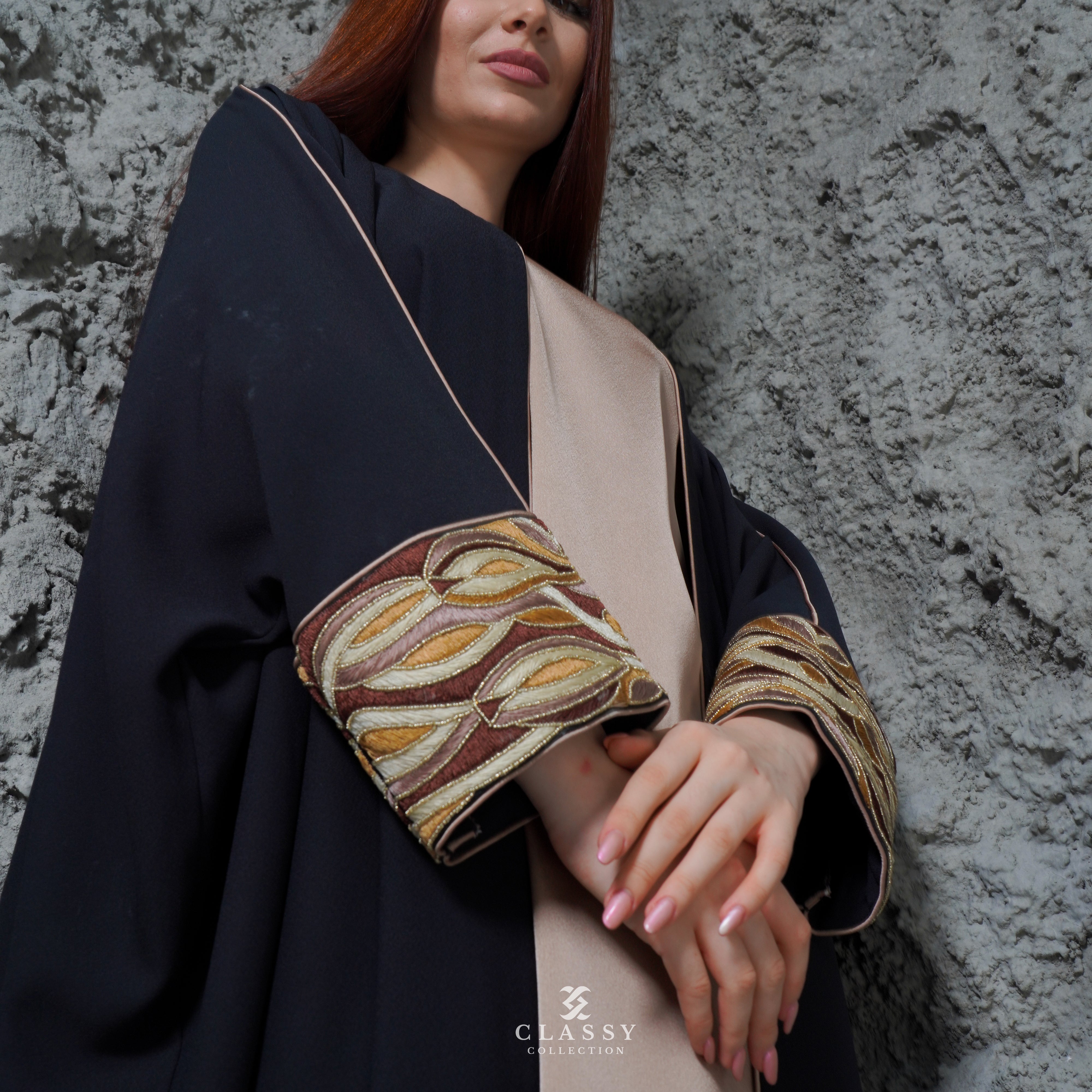 BLACK CREPE FABRIC ABAYA WITH SPECIAL BROWN EMBROIDERY