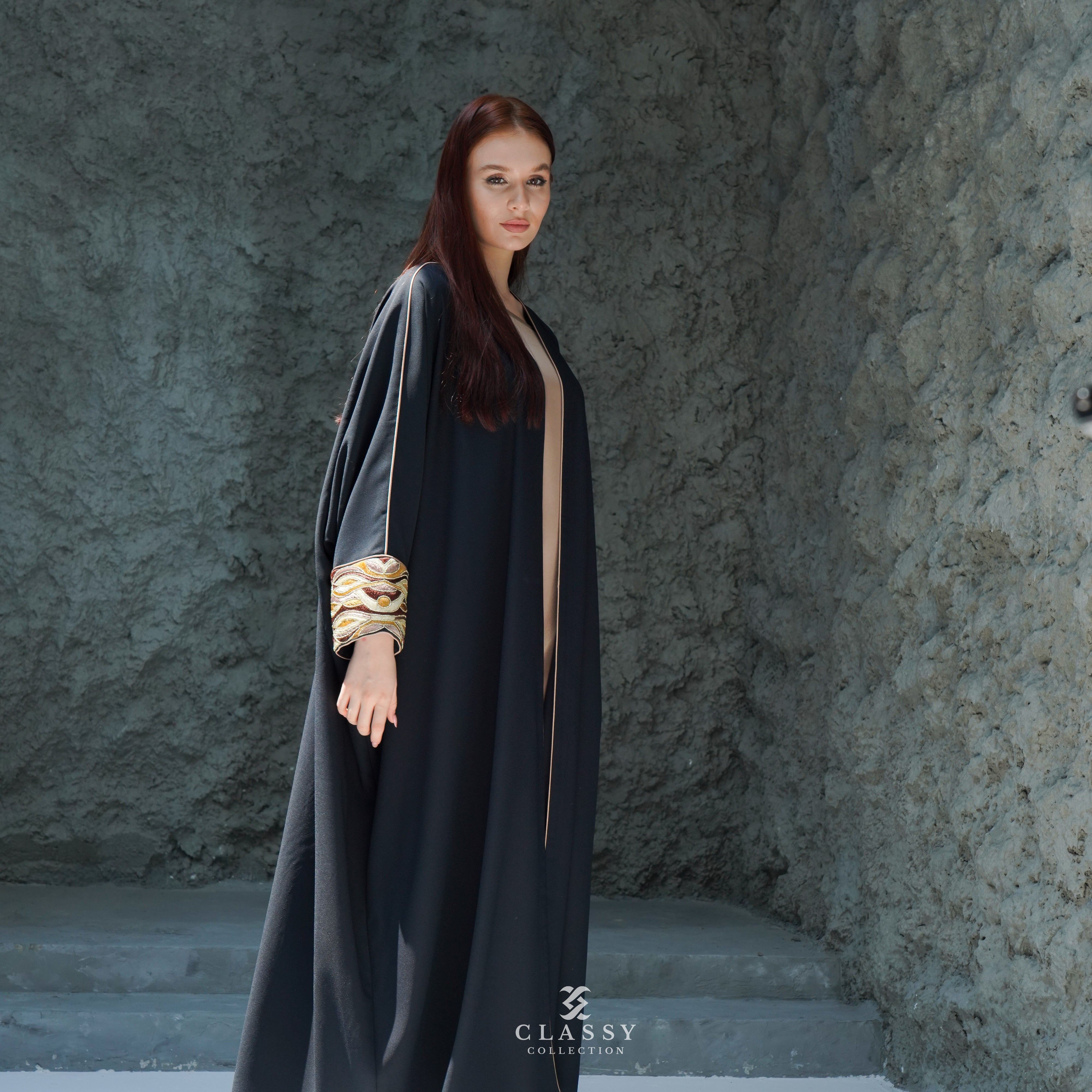 BLACK CREPE FABRIC ABAYA WITH SPECIAL BROWN EMBROIDERY