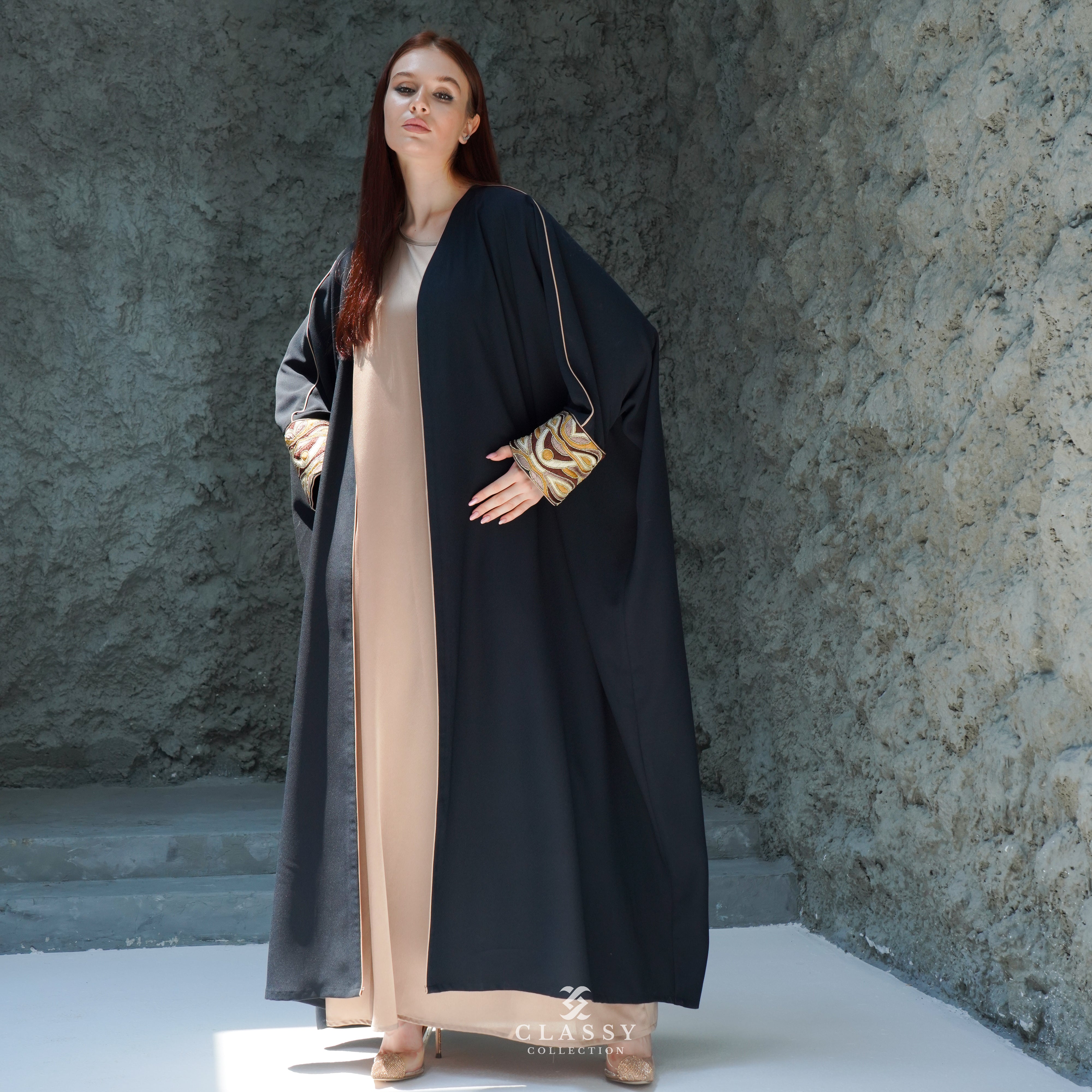 BLACK CREPE FABRIC ABAYA WITH SPECIAL BROWN EMBROIDERY