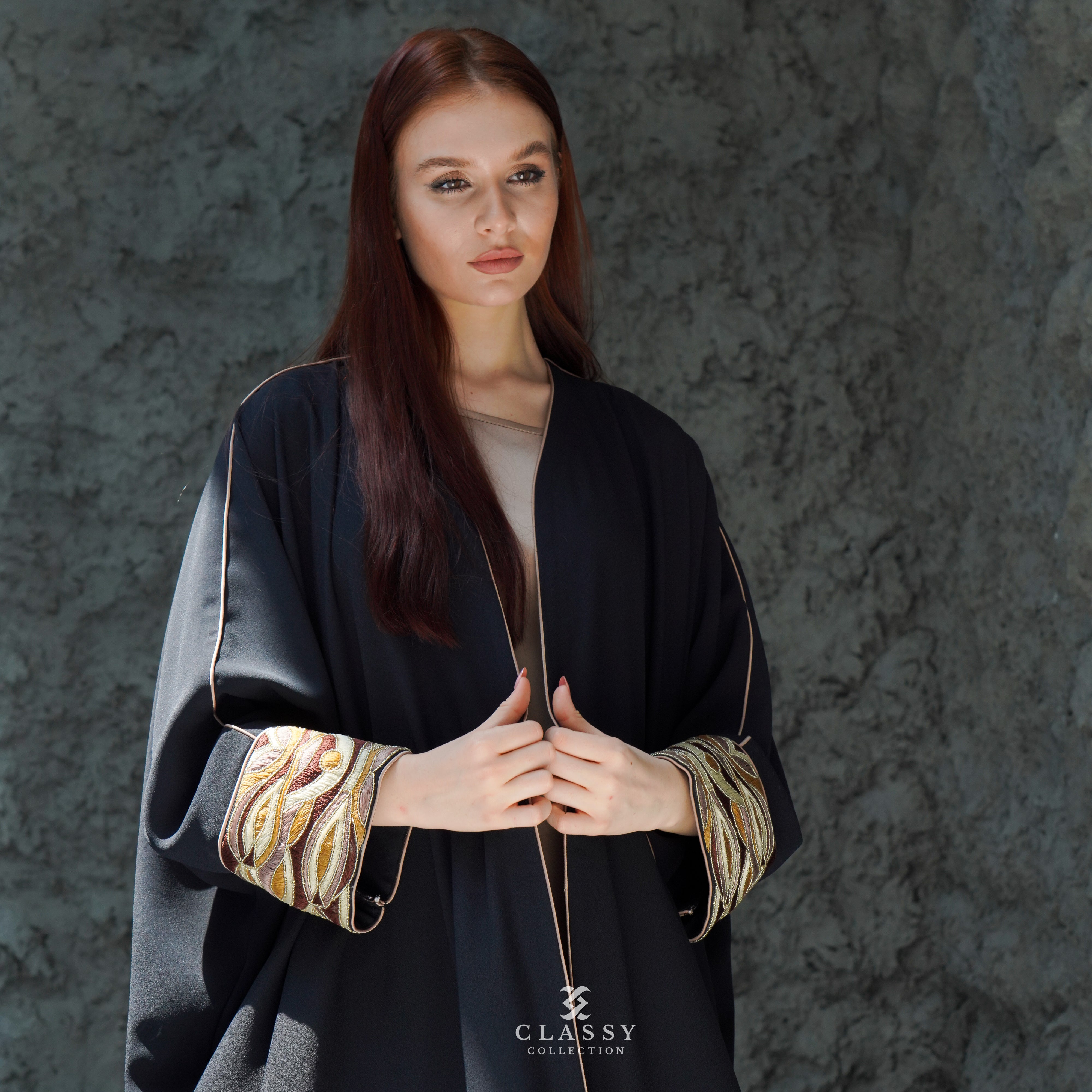 BLACK CREPE FABRIC ABAYA WITH SPECIAL BROWN EMBROIDERY