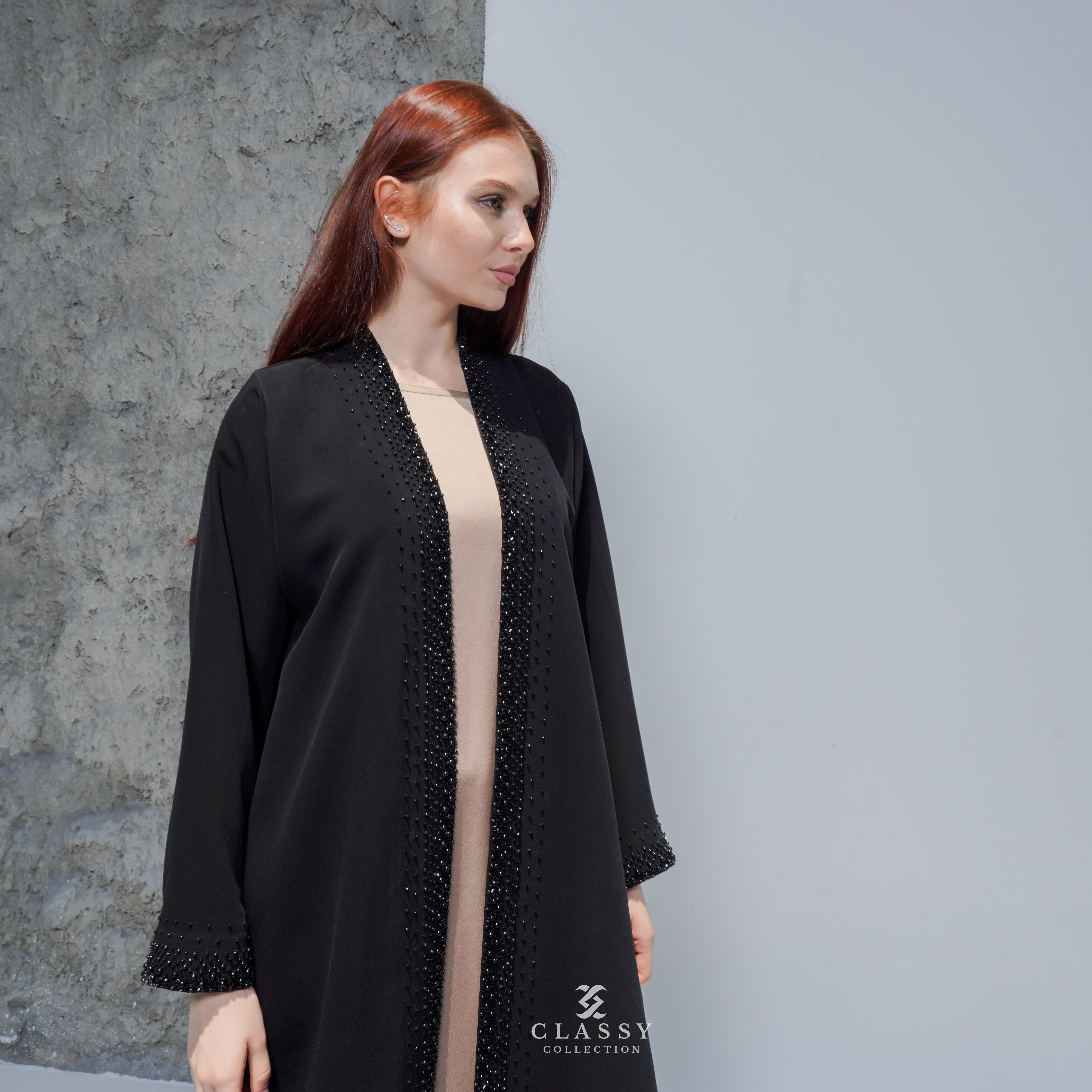BLACK ABAYA WITH SPECIAL FRONT CRYSTAL EMBROIDERY