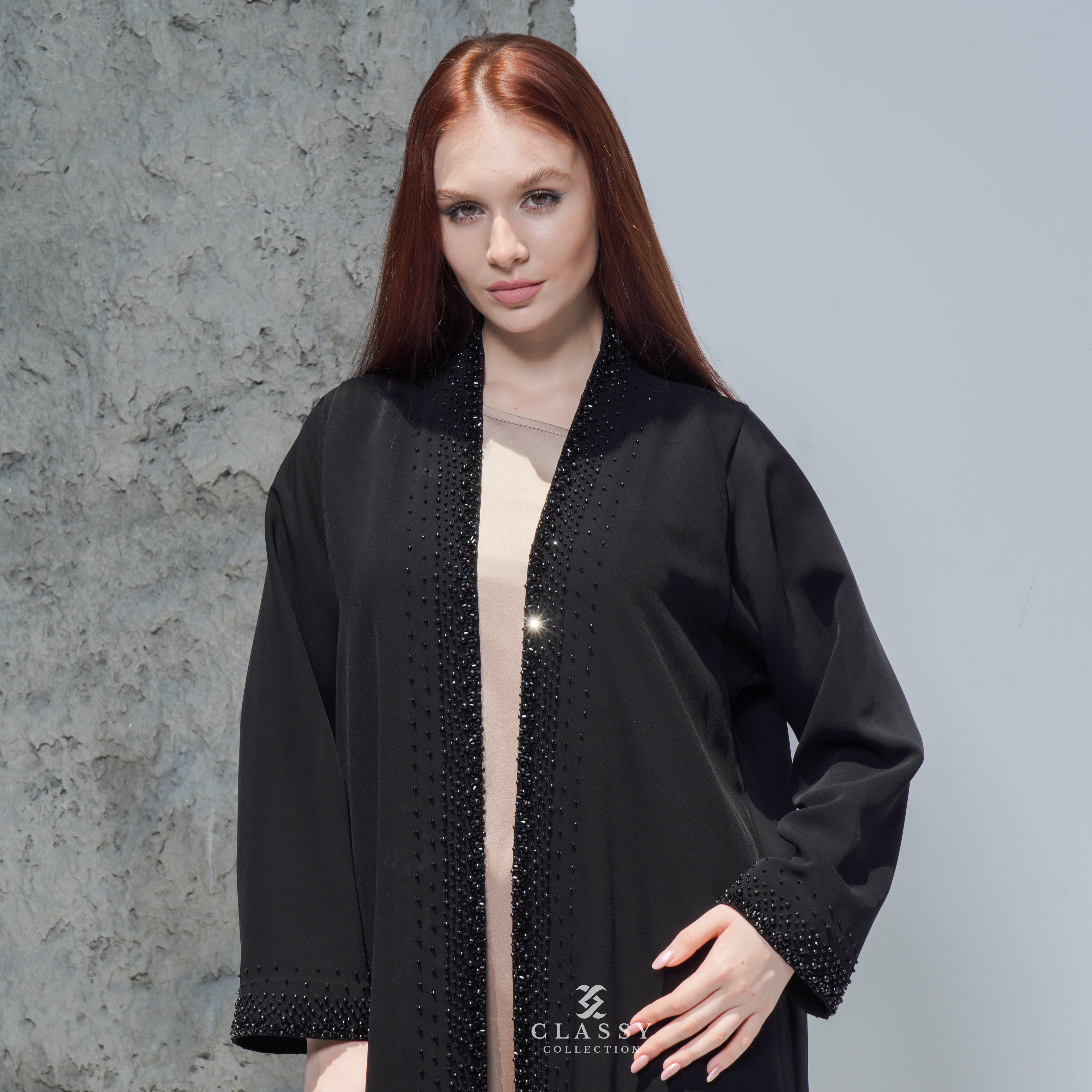 BLACK ABAYA WITH SPECIAL FRONT CRYSTAL EMBROIDERY