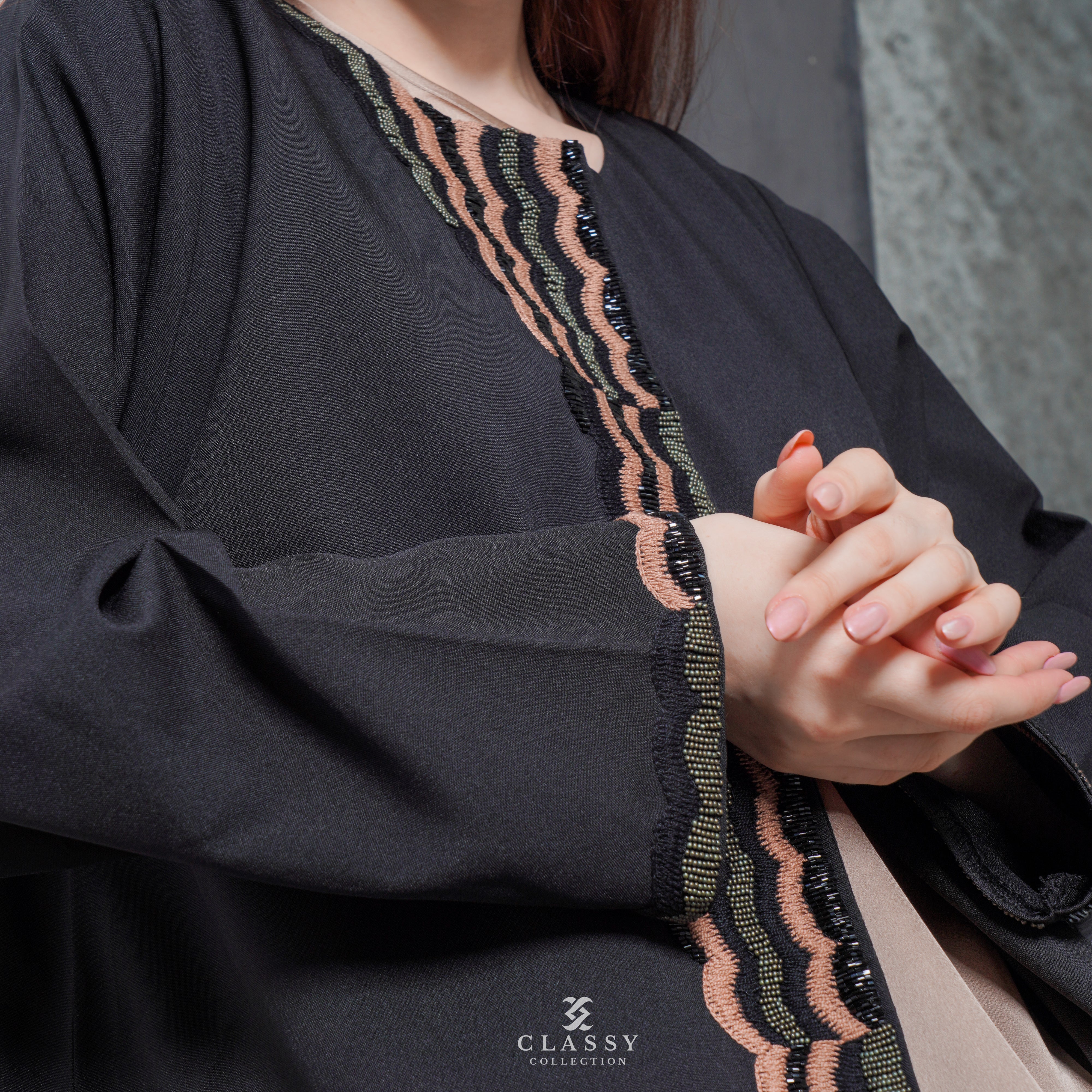 BLACK ABAYA WITH FRONT EMBROIDERY