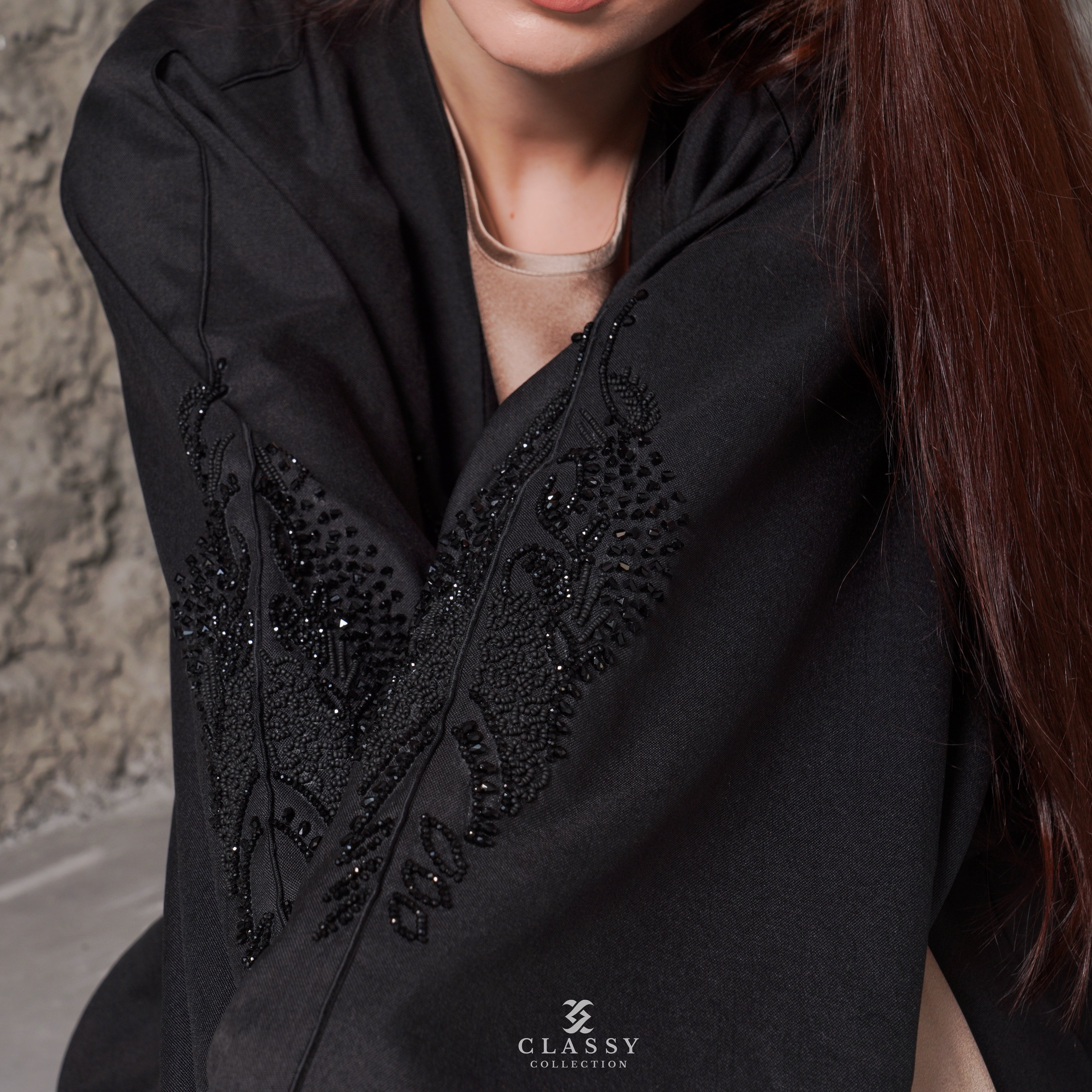 BLACK ABAYA WITH FRONT CRYSTAL EMBROIDERY