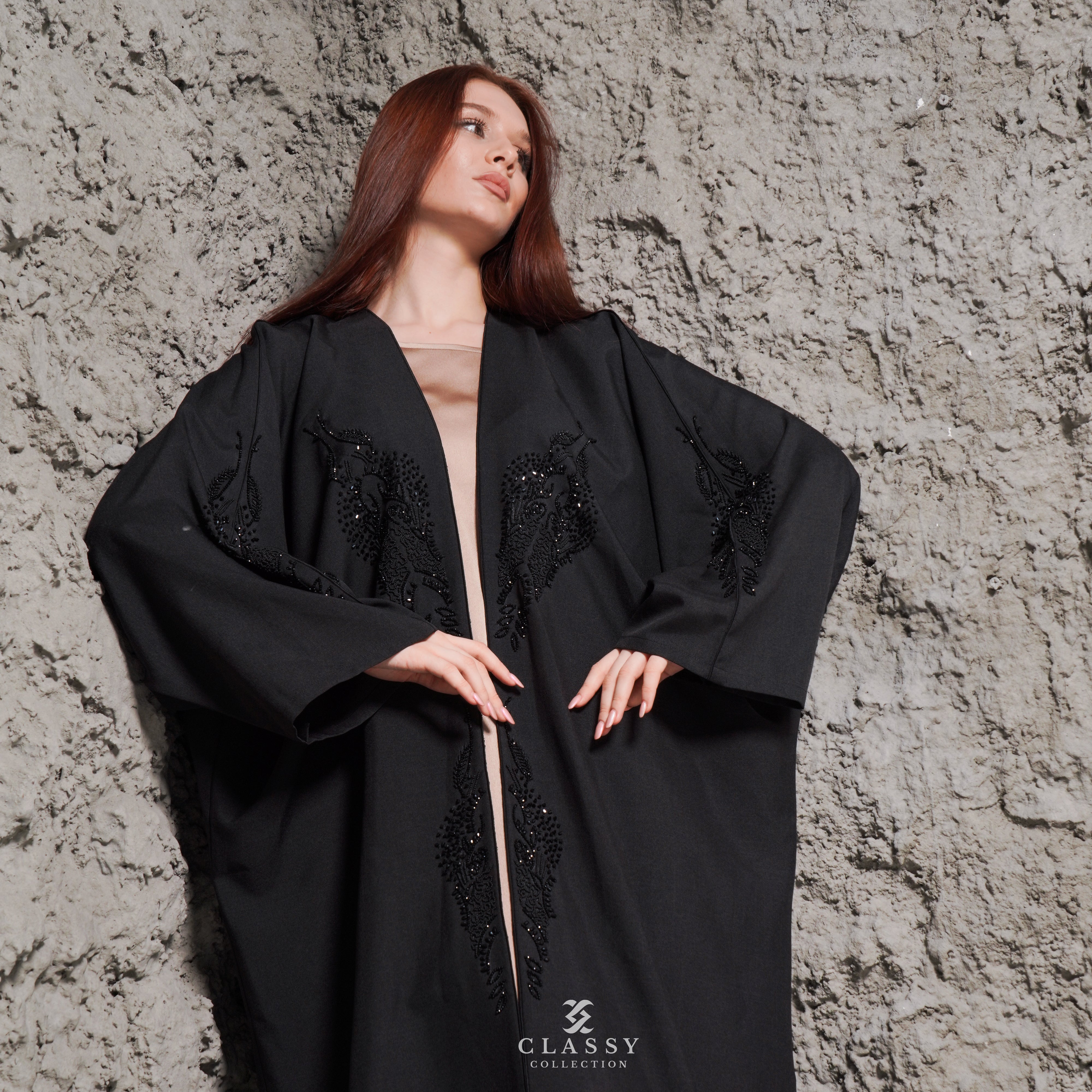 BLACK ABAYA WITH FRONT CRYSTAL EMBROIDERY