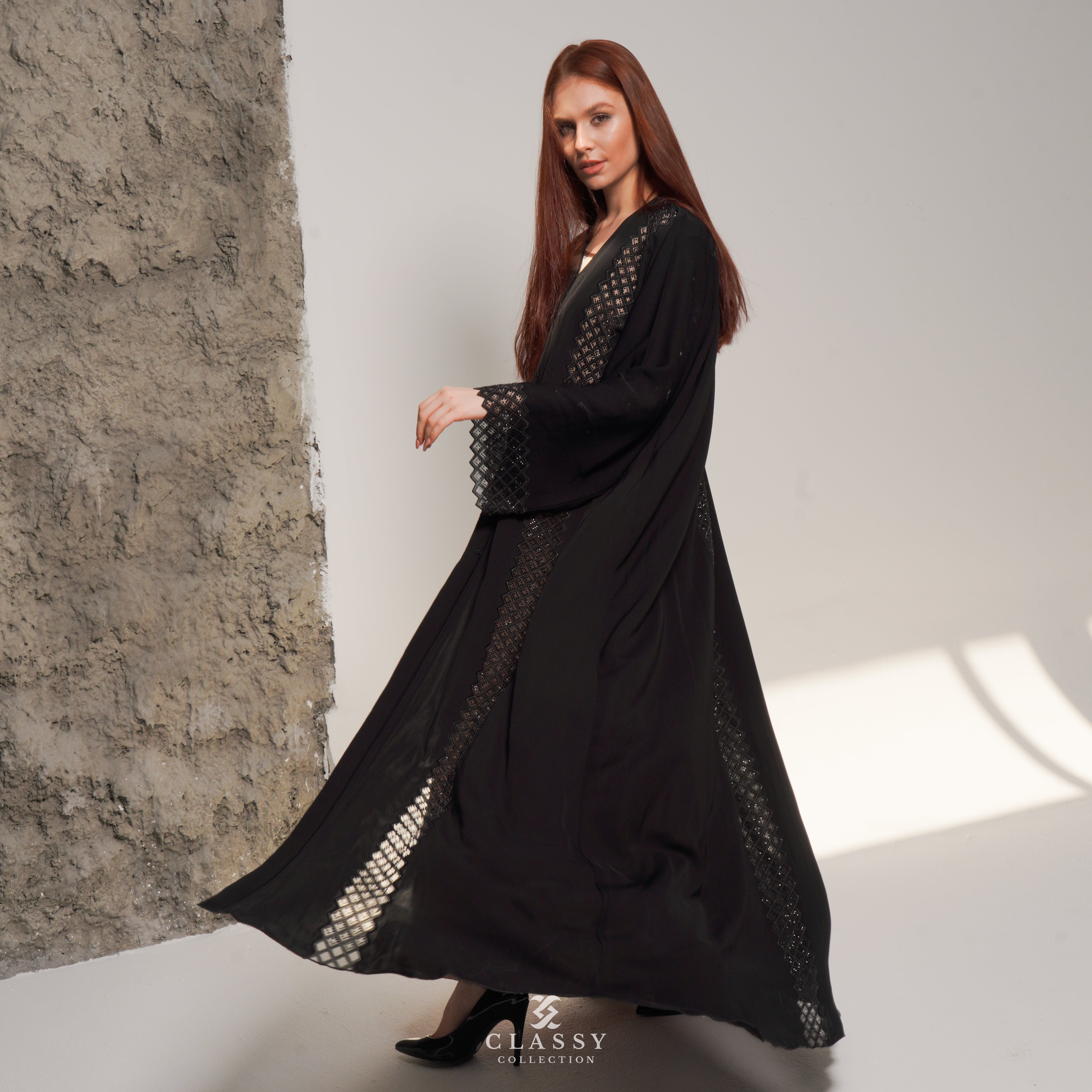 BLACK ABAYA WITH FRONT AND SLEEV CRYSTAL EMBROIDERY