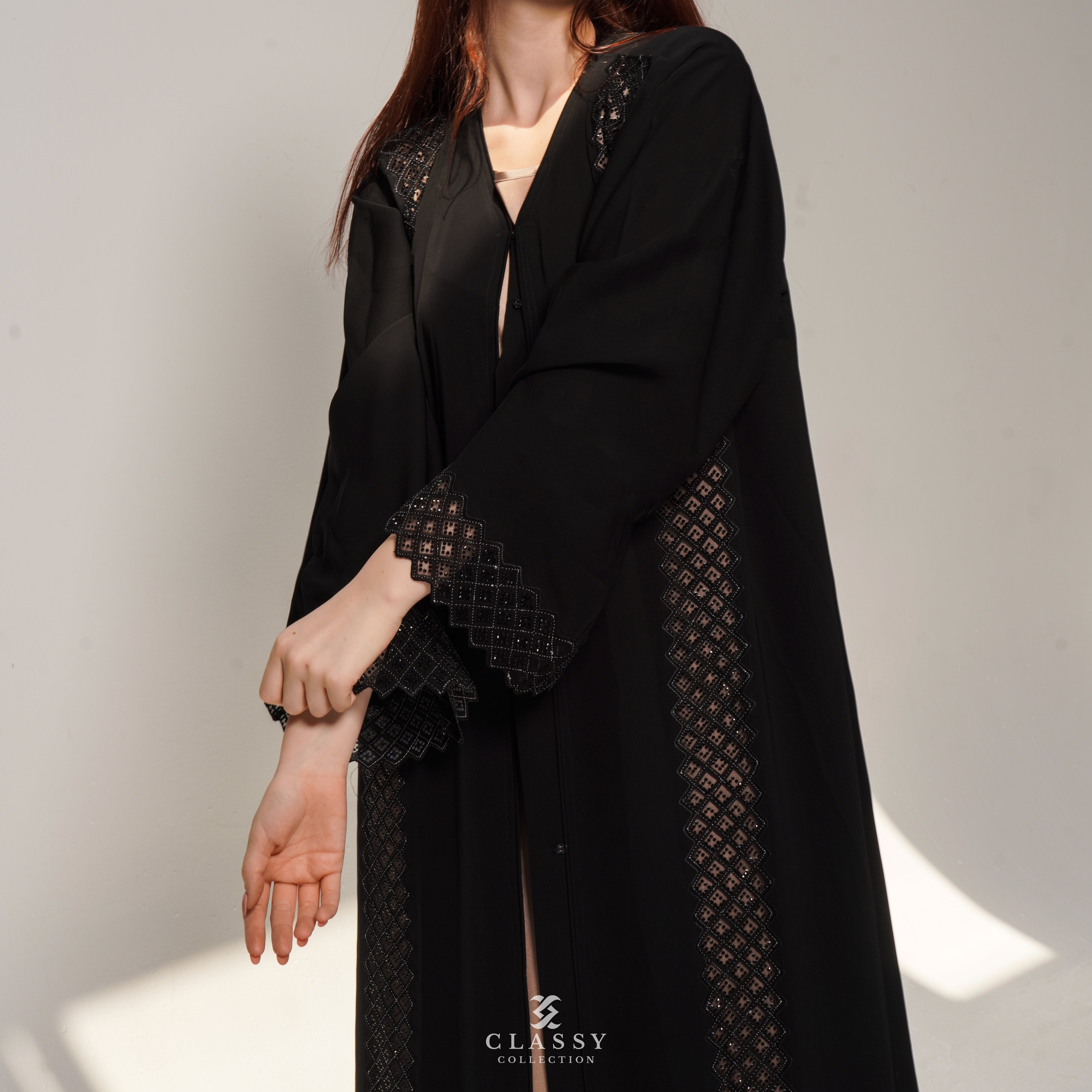 BLACK ABAYA WITH FRONT AND SLEEV CRYSTAL EMBROIDERY