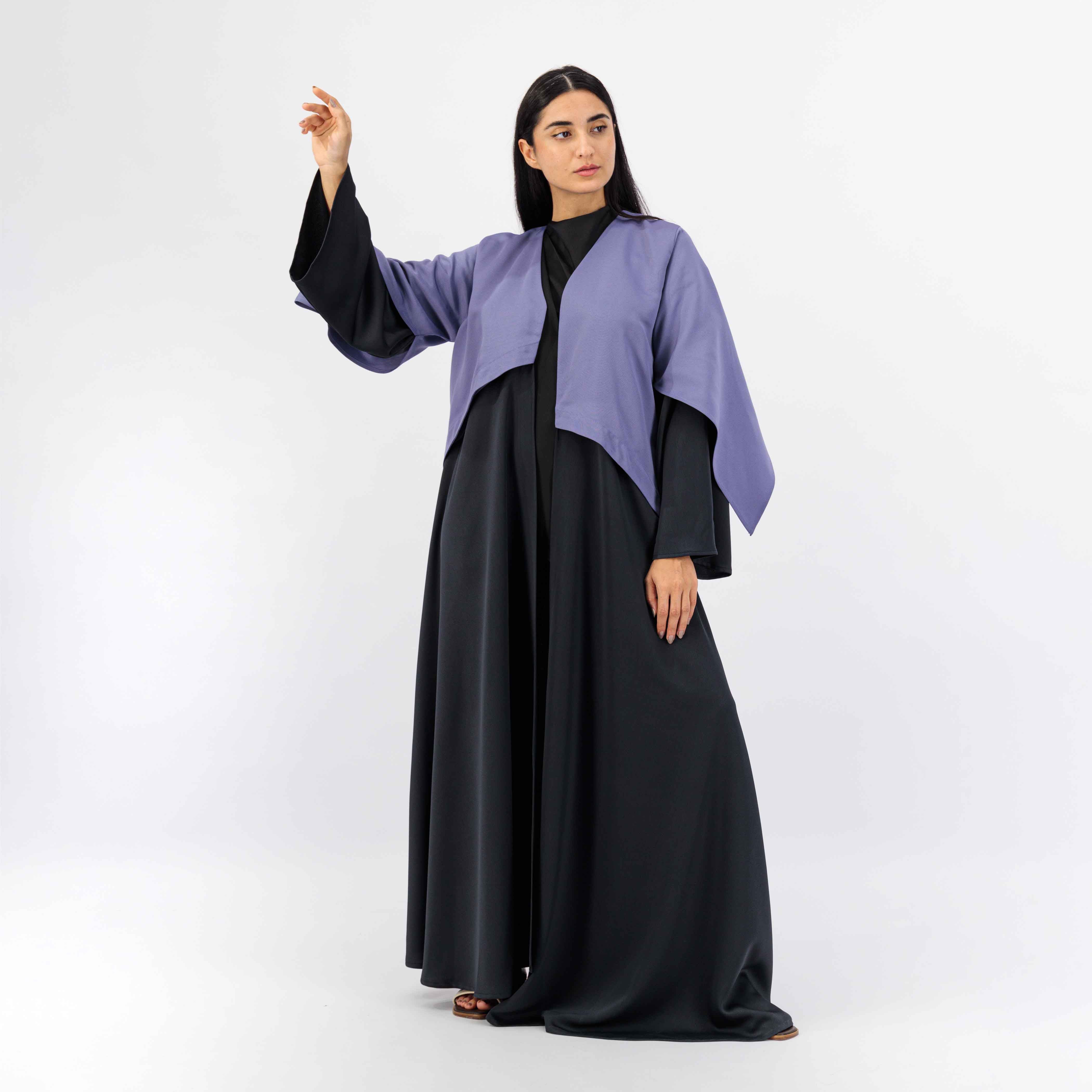 BLACK CREPE FABRIC ABAYA WITH TOP BATCH PURPLE WOVEN FABRIC