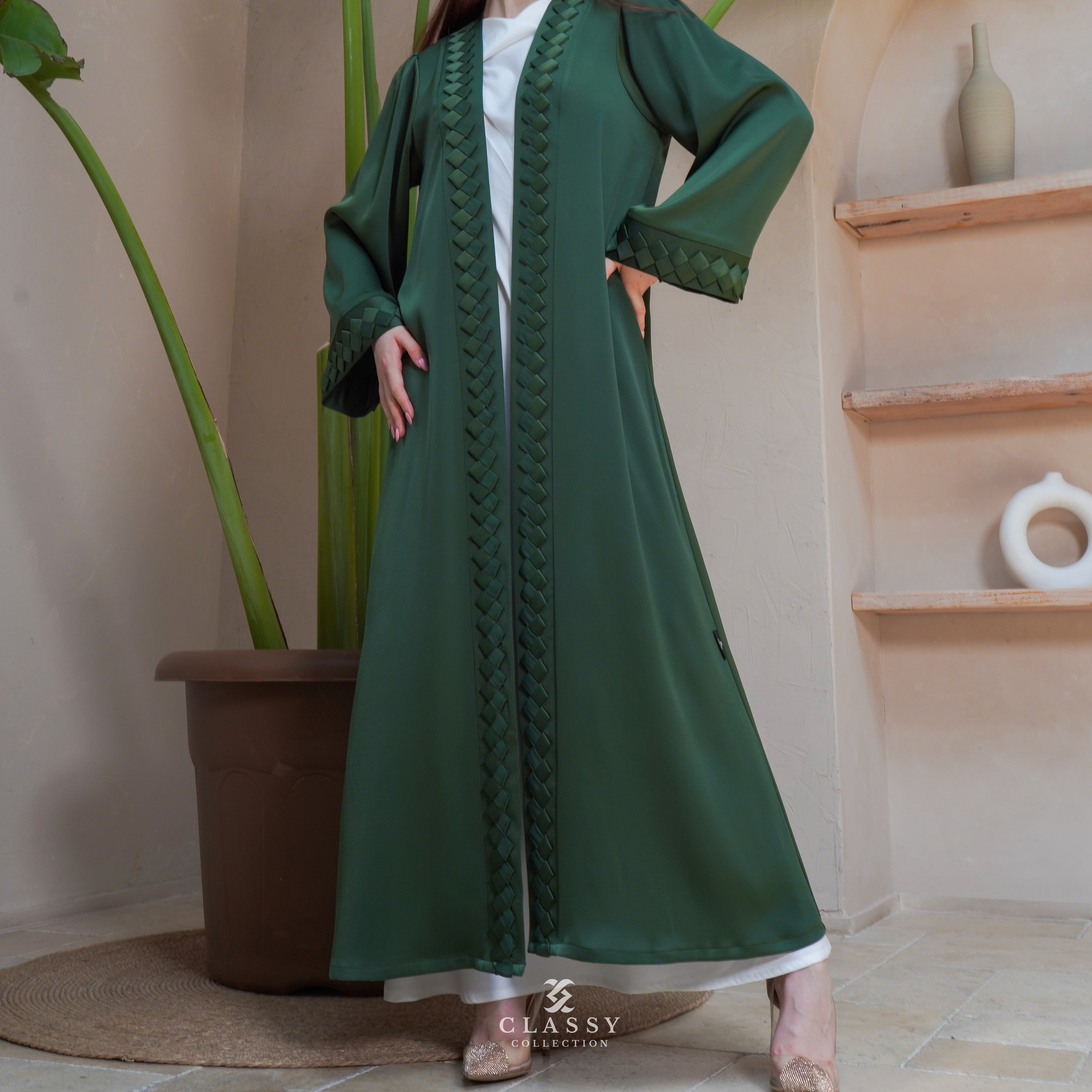 GREEN SILKY CREPE FABRIC ABAYA