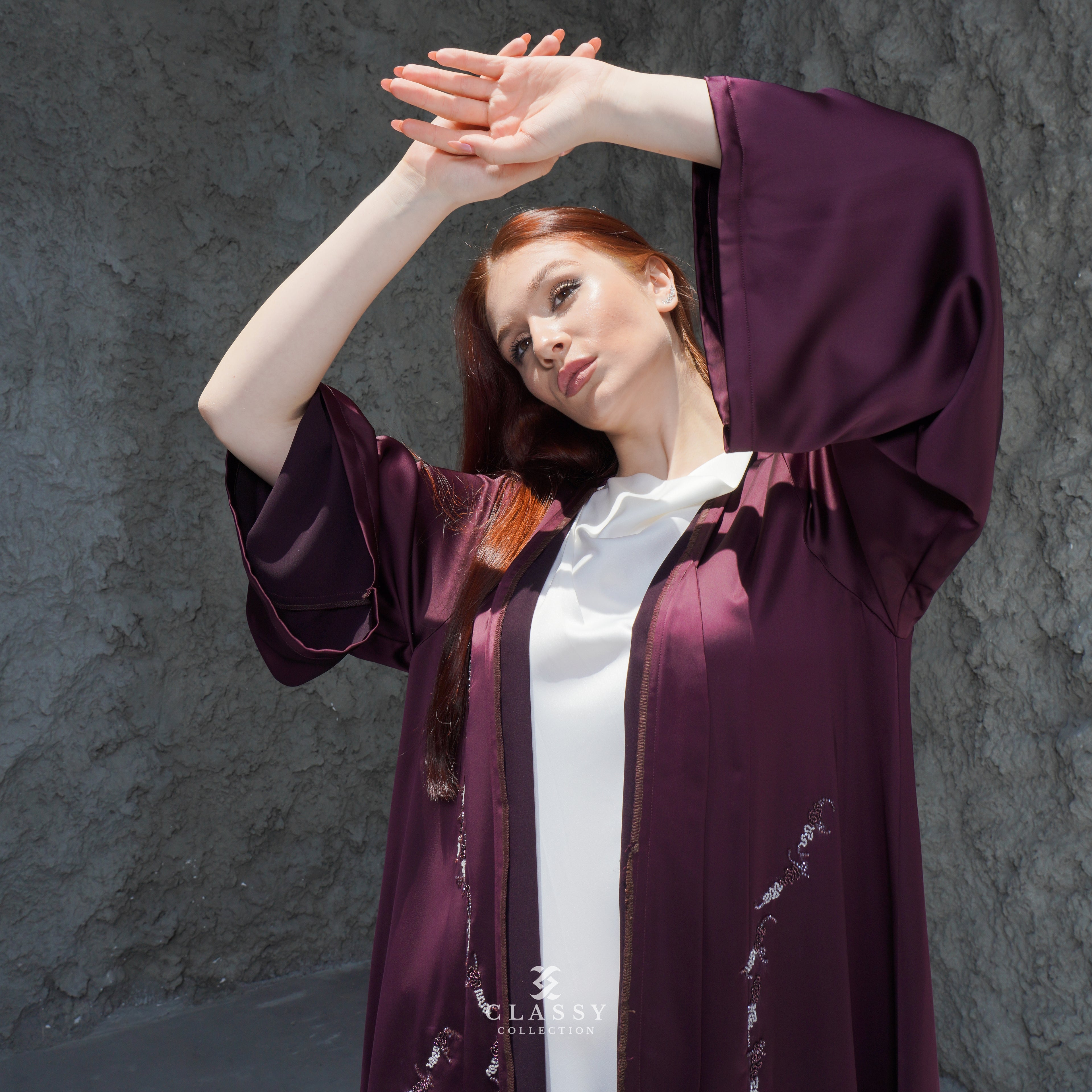 MAROON SILKY CREPE FABRIC ABAYA WITH EMBROIDERY