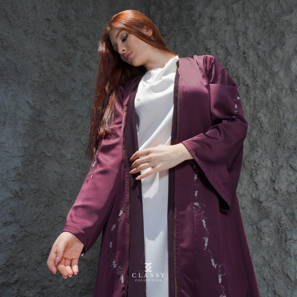 MAROON SILKY CREPE FABRIC ABAYA WITH EMBROIDERY