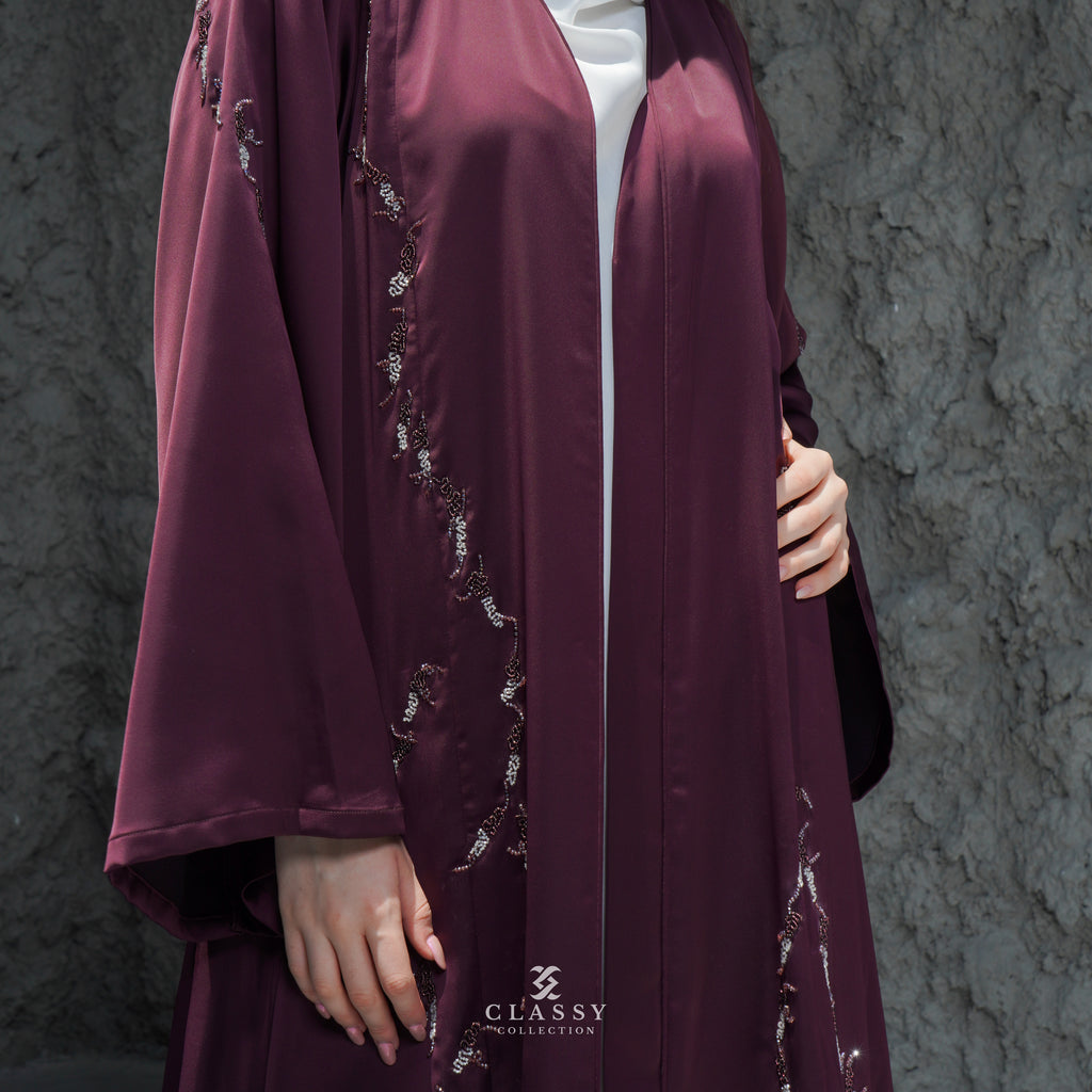 MAROON SILKY CREPE FABRIC ABAYA WITH EMBROIDERY