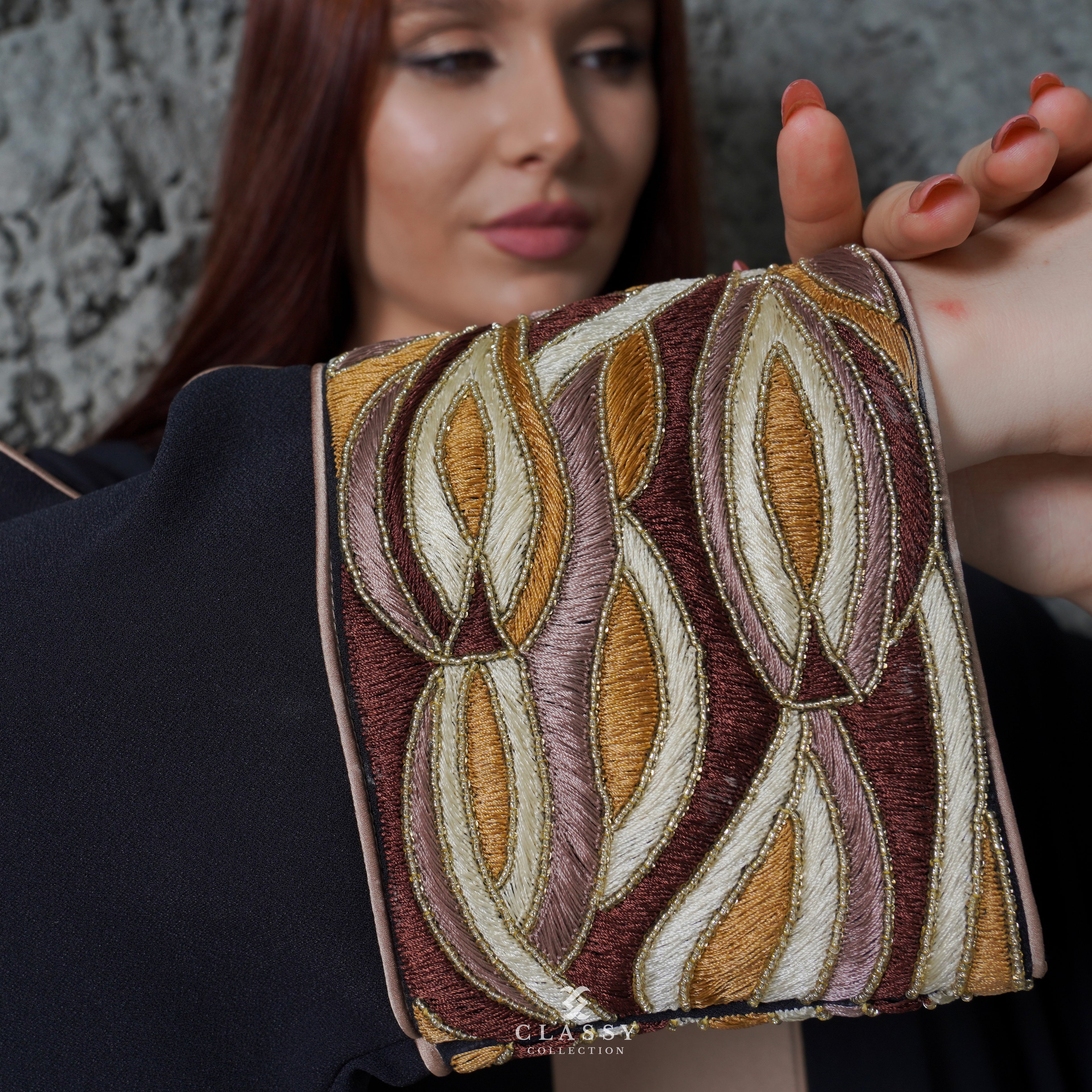 BLACK CREPE  FABRIC ABAYA WITH SPECIAL BROWN EMBROIDERY