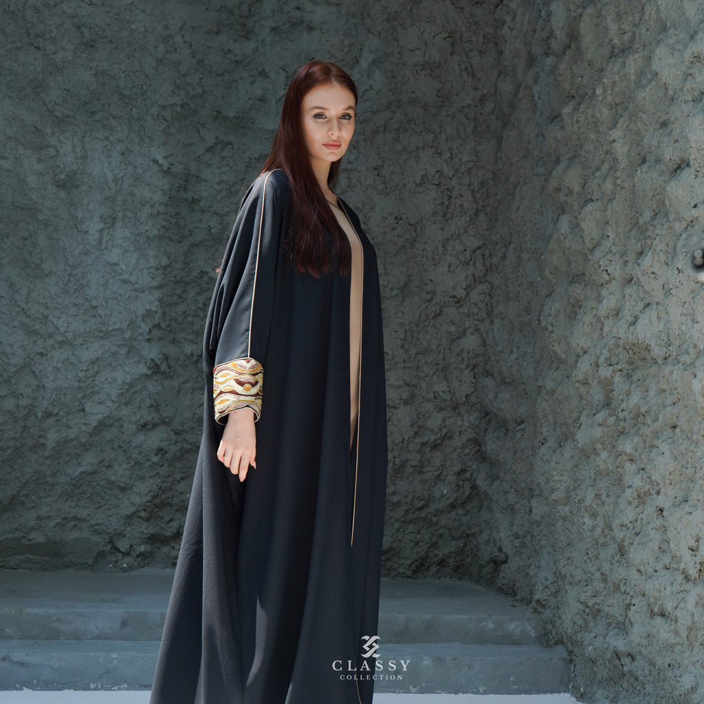 BLACK CREPE  FABRIC ABAYA WITH SPECIAL BROWN EMBROIDERY