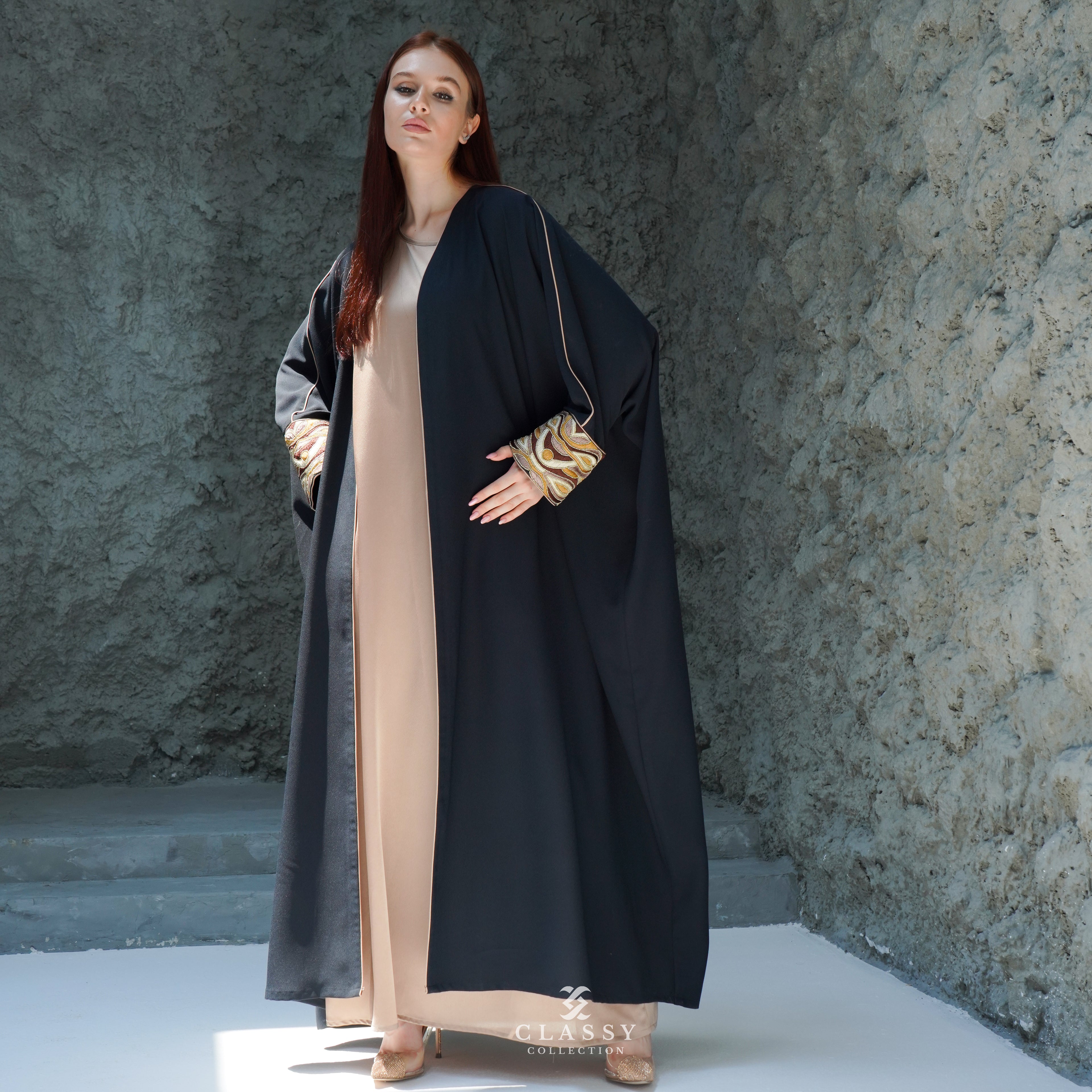 BLACK CREPE  FABRIC ABAYA WITH SPECIAL BROWN EMBROIDERY
