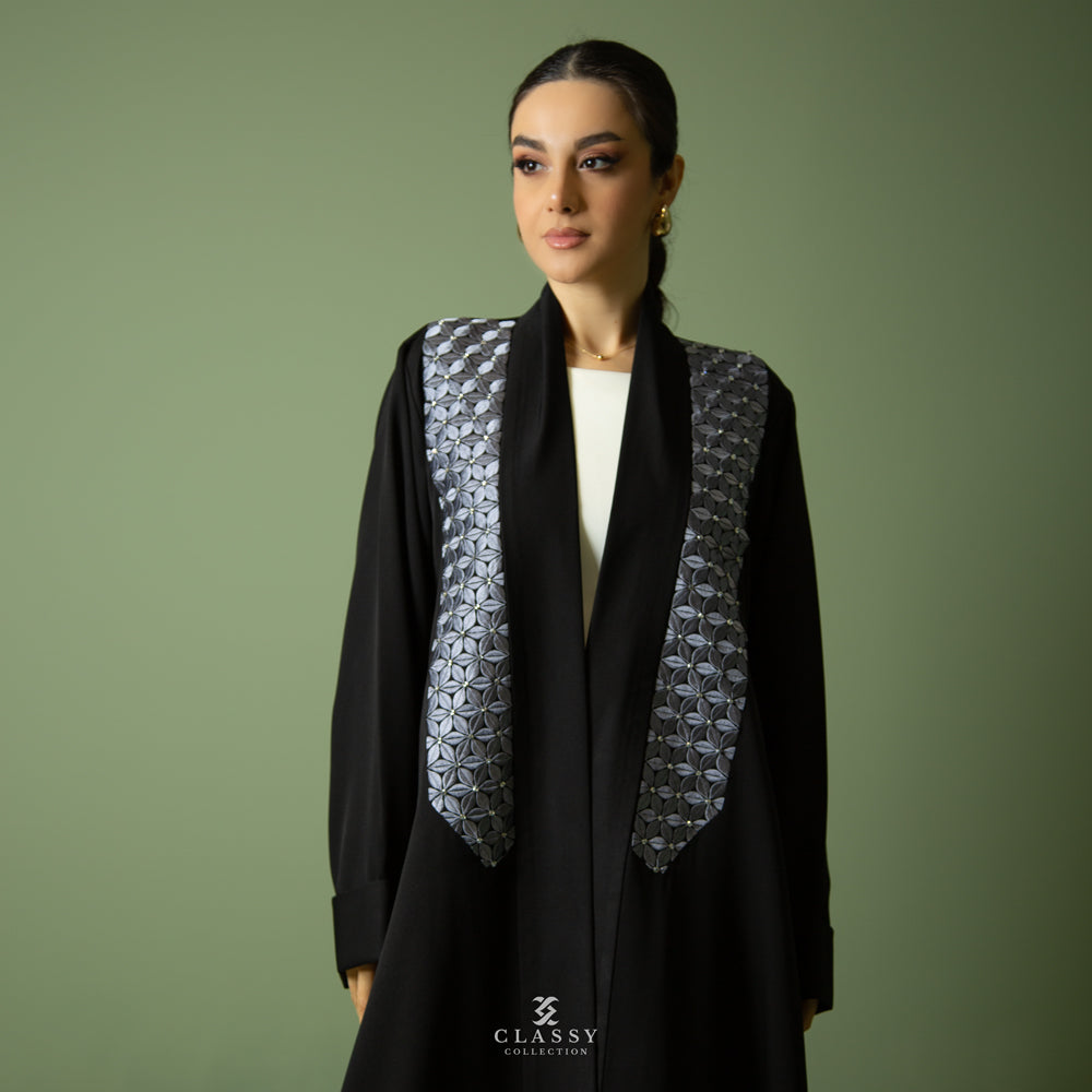 Elegant Linen Abaya with Patterned Panel EM01 - BLACK ONLY