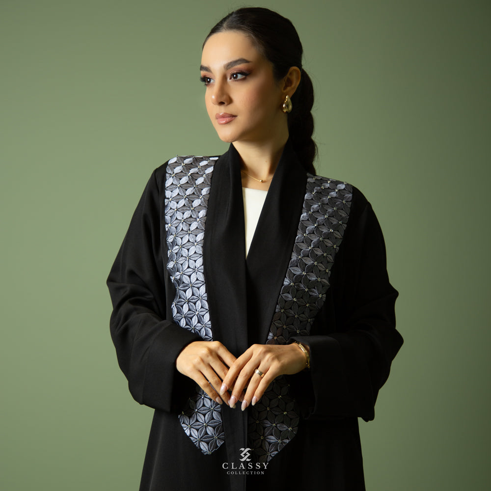 Elegant Linen Abaya with Patterned Panel EM01 - BLACK ONLY