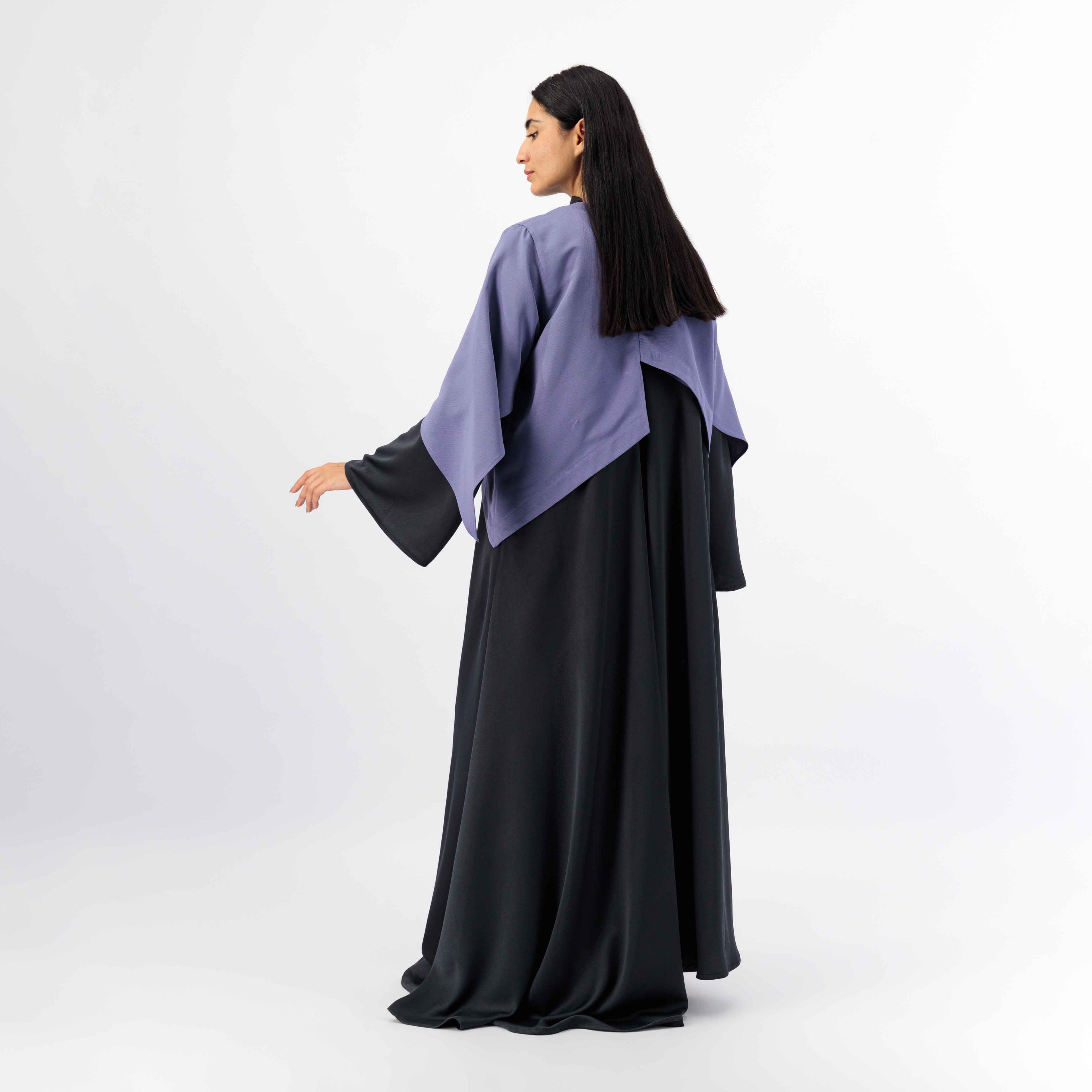 BLACK CREPE FABRIC ABAYA WITH TOP BATCH PURPLE WOVEN FABRIC